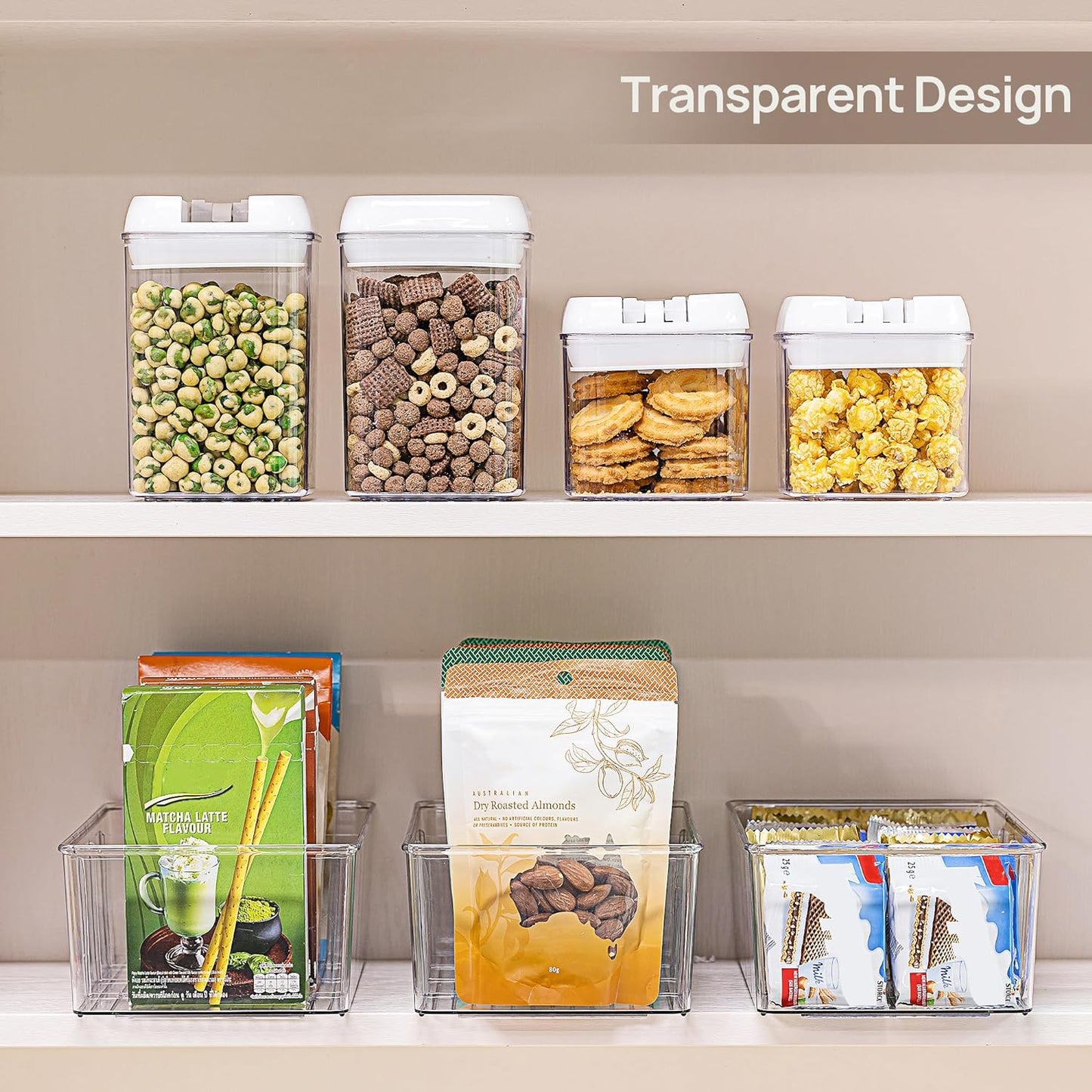 Vtopmart 8 Pack Food Storage Organizer Bins, Clear Plastic Bins for Pantry, Kitchen, Fridge, Cabinet Organization and Storage, 4 Compartment Holder for Packets, Snacks, Pouches, Spice Packets