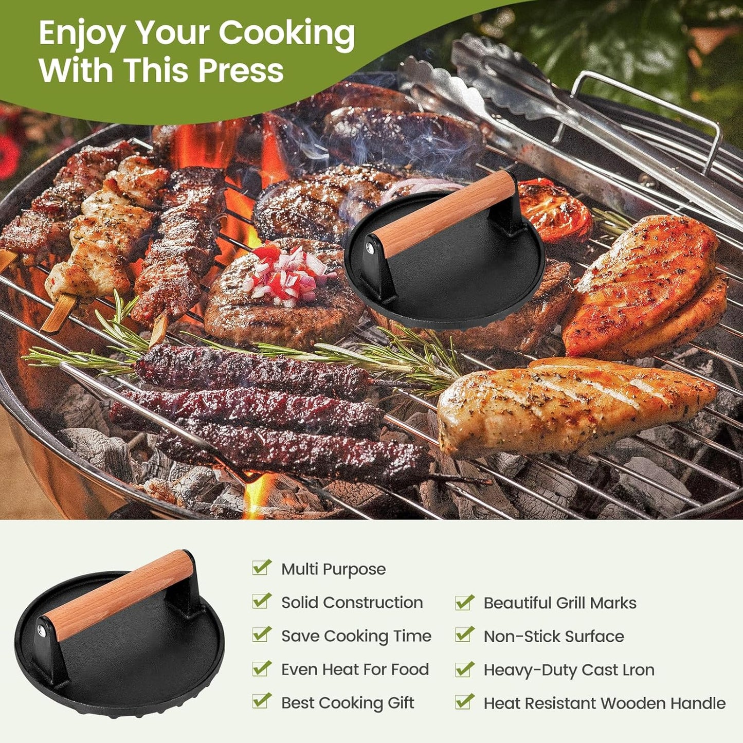 Smashed Burger Press, 7” Round Heavy-Duty Cast Iron Smash Meat Steak with Wooden Handle for Blackstone Griddle, Juicy and Crispy Burgers for BBQs, Cookouts