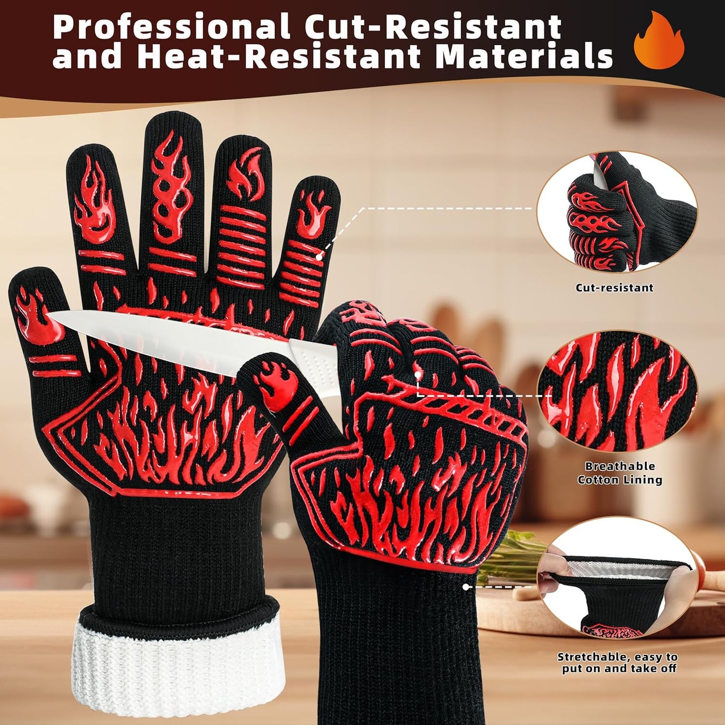 BBQ Gloves, 1472°F Heat-Resistant and Anti Slip Long Grilling Gloves, One Size Fits All, Gift Two Hooks, Excellent Hand and Wrist Protection in The Kitchen/Fireplace/Griddle/Smoker/Fire Pit