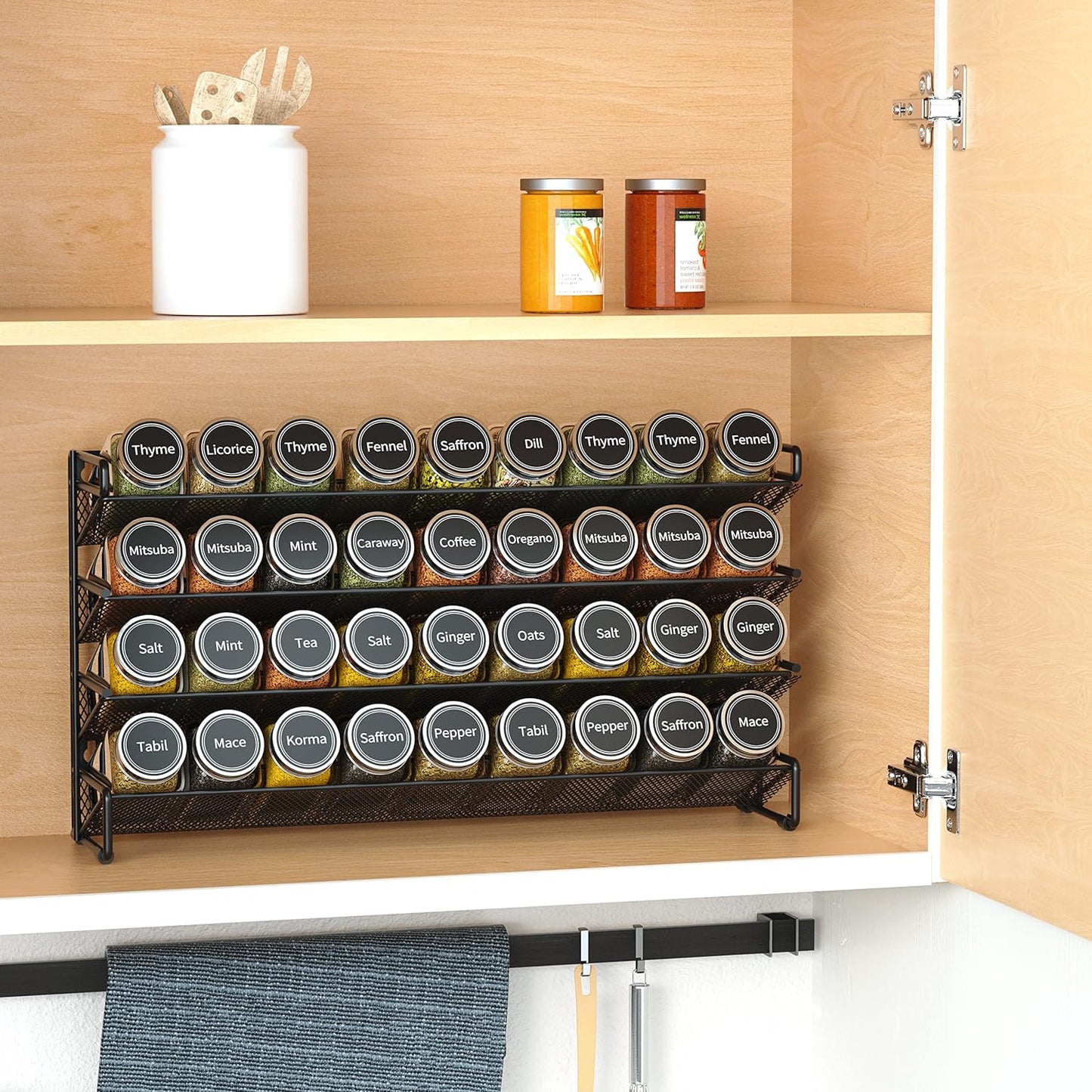 SpaceAid Spice Rack Organizer with 36 Spice Jars, 386 Spice Labels, Chalk Marker and Funnel Set for Cabinet, Countertop, Pantry, Cupboard or Door & Wall Mount - 36 Jars, 17.2" W × 10.8" H, Black