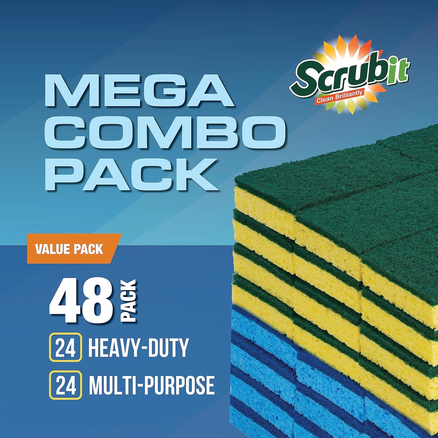 SCRUBIT 48 Pack Kitchen Sponges Dish Sponge for Washing Dishes, Kitchen & Bathroom – Blue & Yellow Dishwashing Sponges Along with A Thought Scrubber – Bulk Cleaning sponges Kitchen (Blue, Yellow)