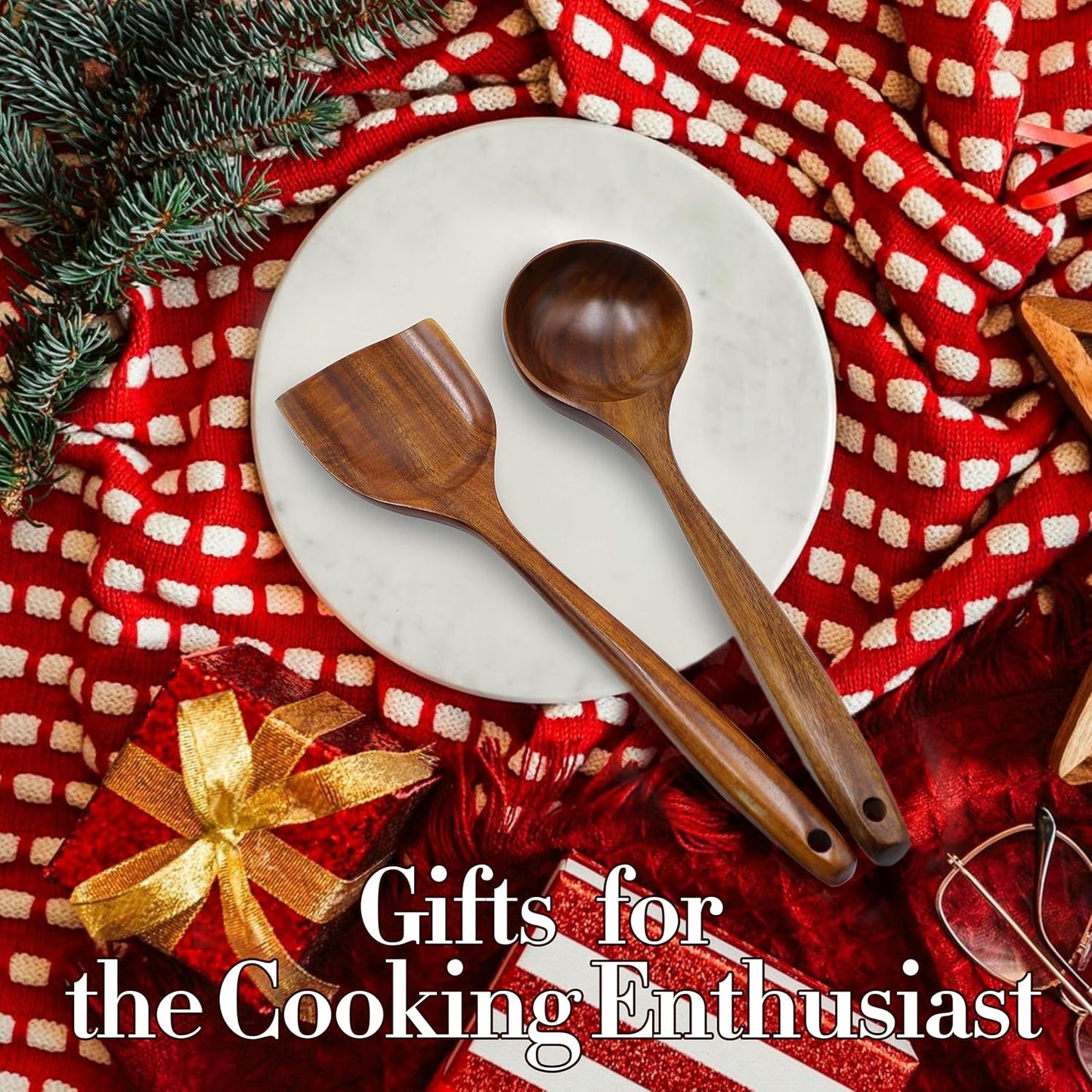 FJNATINH Wooden Wok Spatula Ladle Tool Set, 14-inch Long Handle Teak Wok Spatula