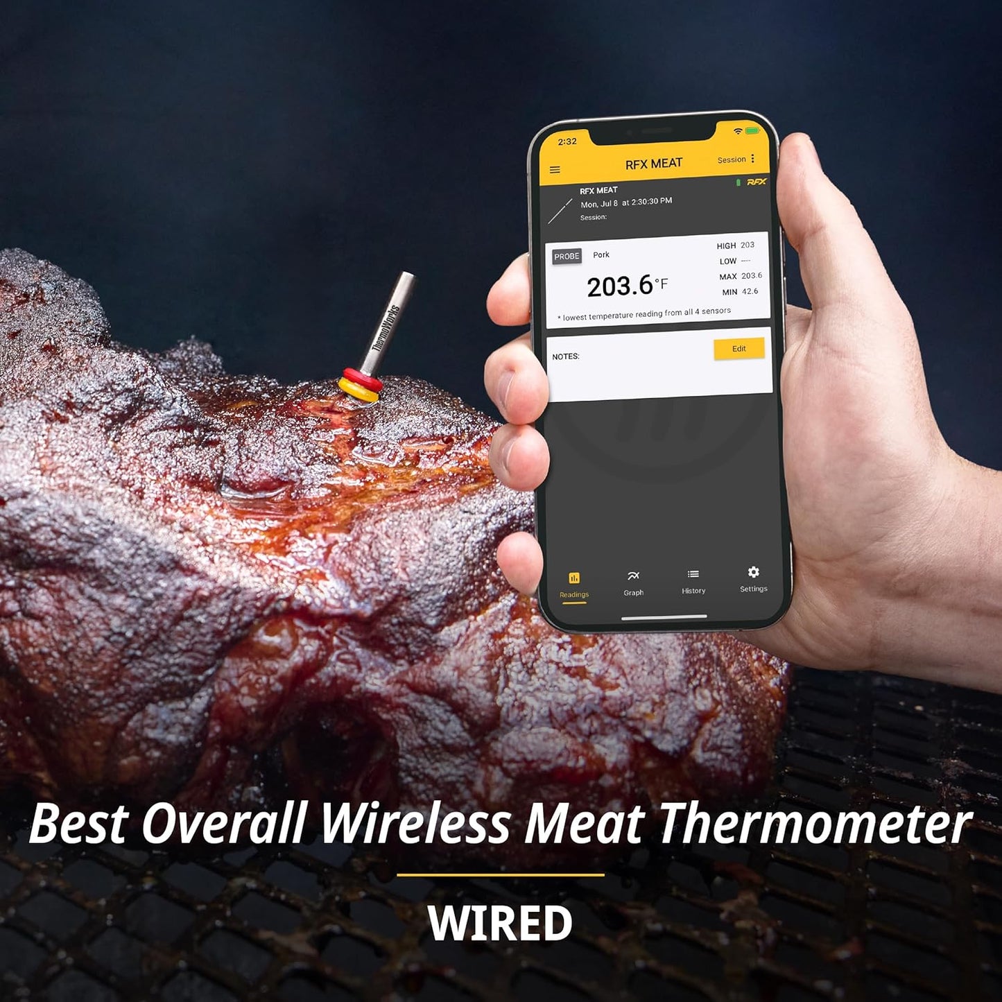 RFX | Smart Wireless Meat Thermometer | Wi-Fi & Radio Frequency | Stronger Signal Than Bluetooth | Meat Probe for Use in Smoker, Grill, BBQ, Oven - 4-Probe Kit