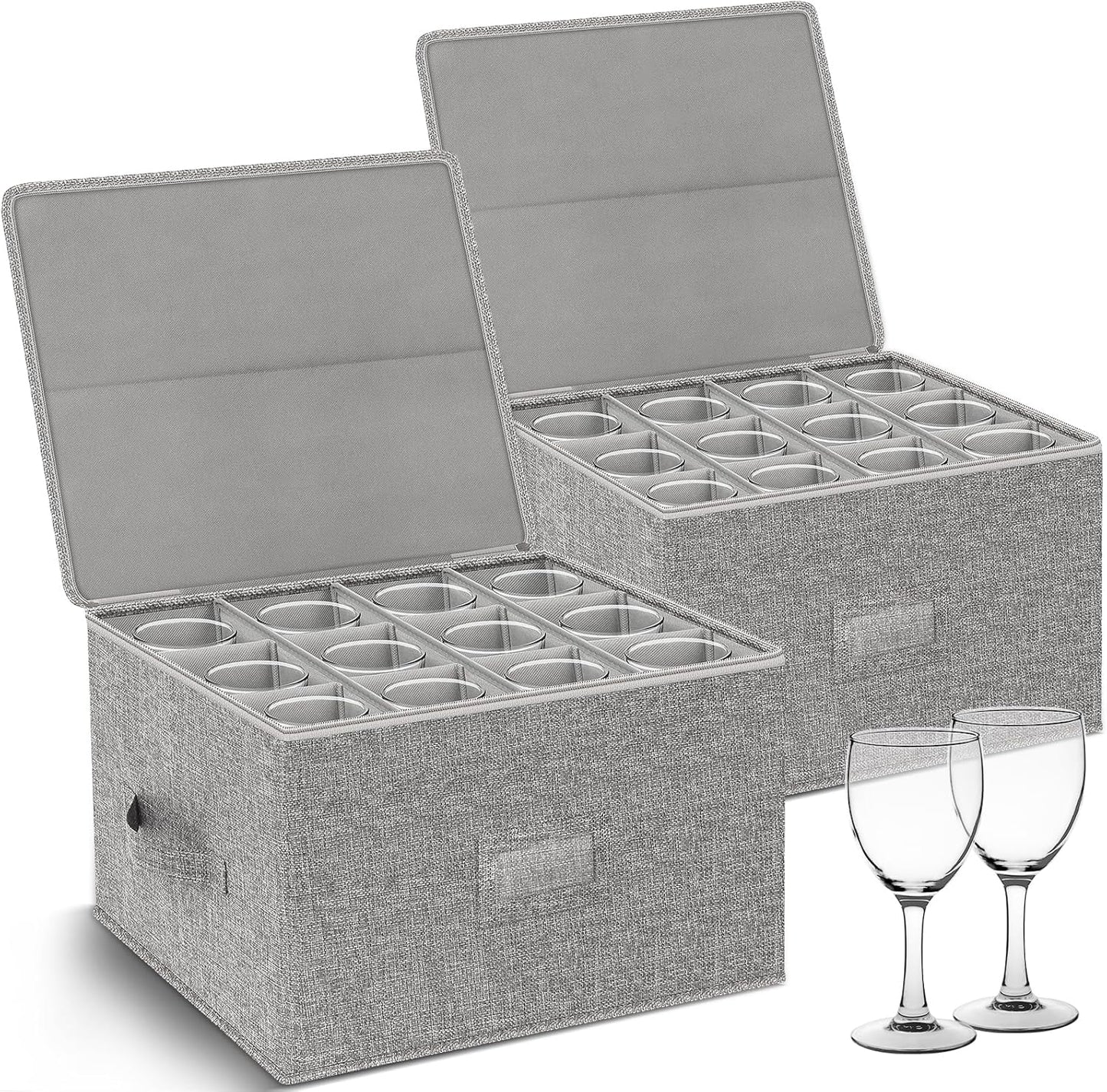 Wine Glass Storage Box 2-Pack, Stemware Container Cases, Stackable w/Hard Shell Top Sides Bottom, Moving Supplies, China Storage Containers for 24 Crystal Glasses Drinkware 10'' Tall, Grey