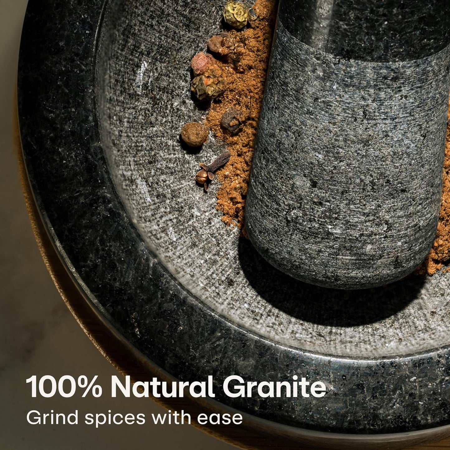 Mortar and Pestle Set Large 2 Cup - Heavy-Duty Stone Grinder for Spices, Herbs & Guacamole - Durable Granite - Non-Slip Wooden Base - Effortless Grinding & Easy to Clean