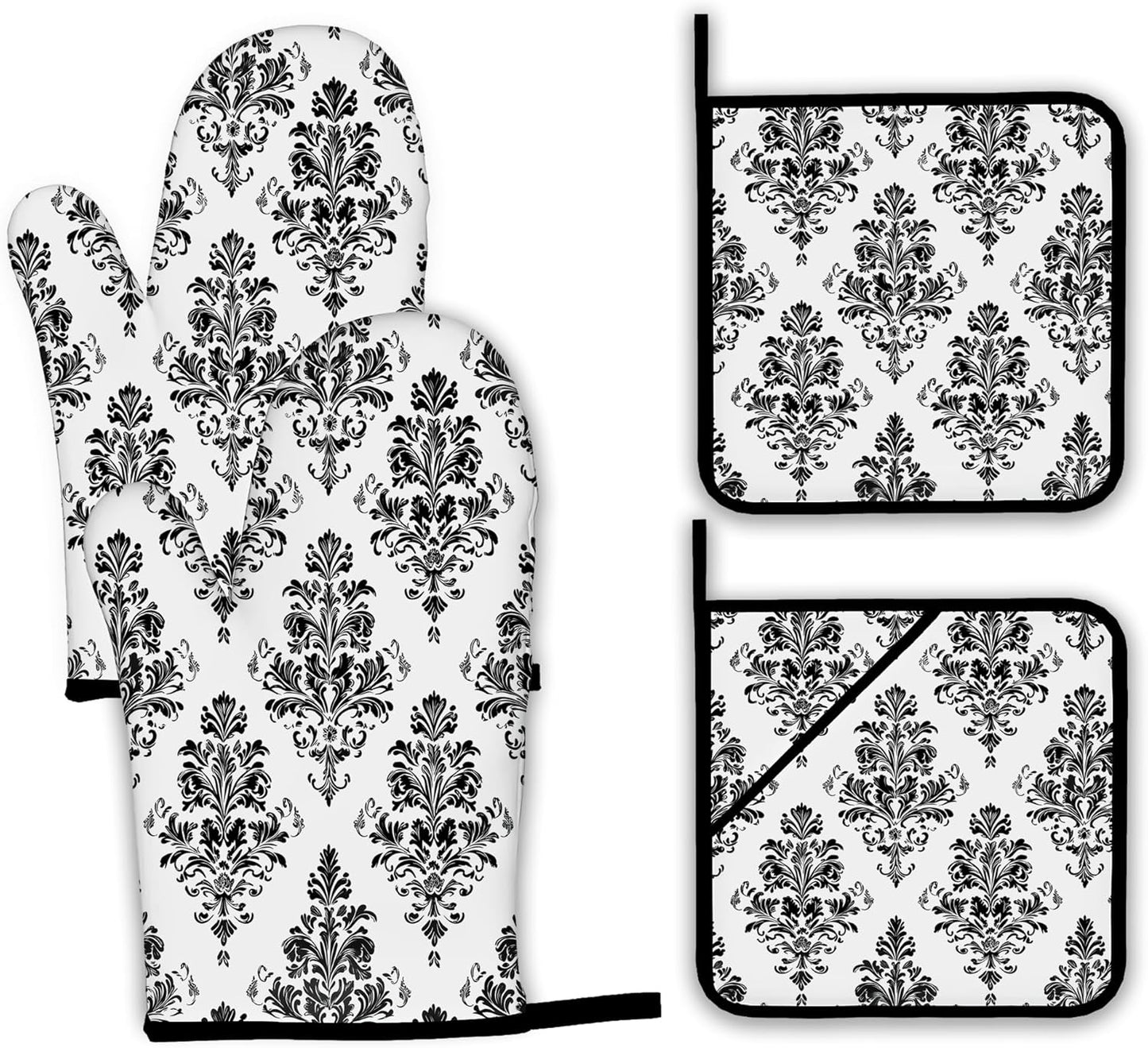 Vintage Damask Floral Oven Mitts and Pot Holders,Heat Resistant Oven Mitts Gloves and Pot Holder for Home Kitchen Decorations Cooking Baking BBQ Gifts,Set of 4