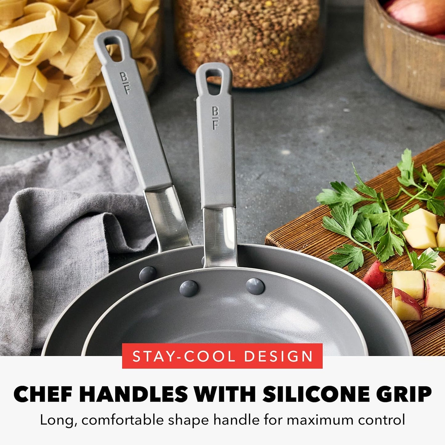 GreenPan x Bobby Flay Stainless Steel 8” & 10” Frying Pan Skillet Set, Professional Grade Tri-Ply, Multiclad, PFAS-Free Ceramic Nonstick, Induction Suitable, Dishwasher & Oven Safe, Stay Cool Handle
