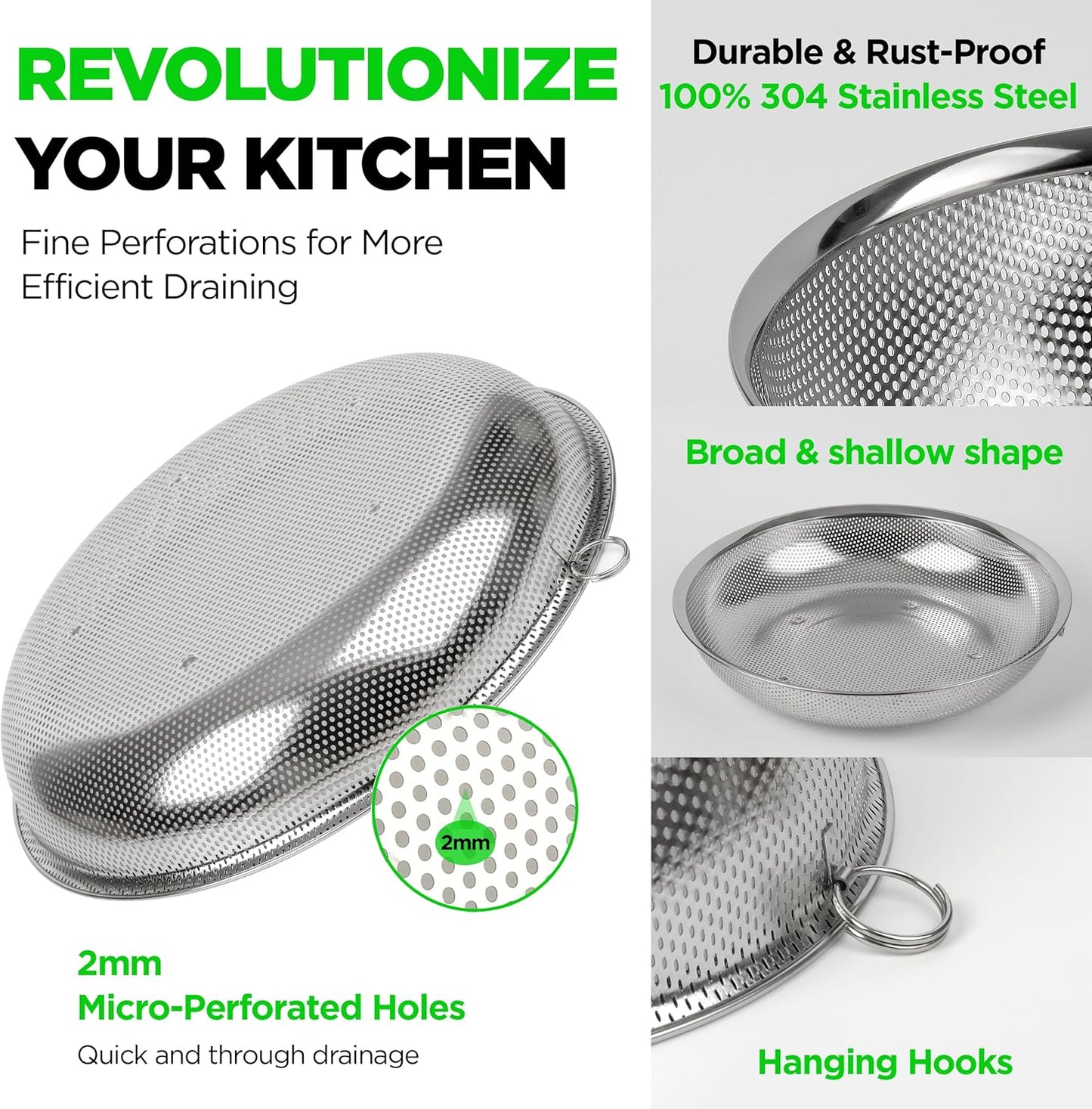 Premium 18/8 304 Stainless Steel Small Colander Set of 3, Comfortable Tray, Micro-Perforated Shallow Colanders 2-3-4 Quart Set, Self-Draining Solid Base for Pasta, Fruits, Vegetables