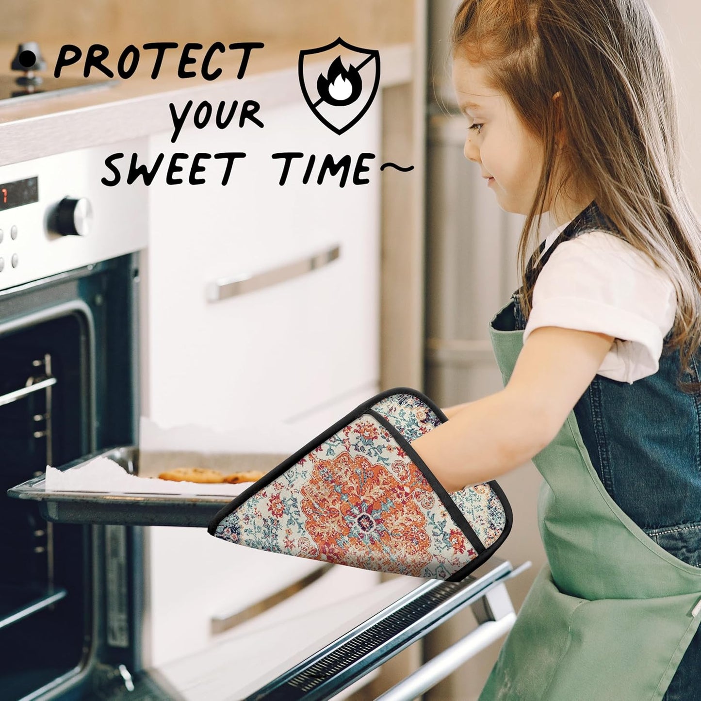 Rustic Vintage Boho Pot Holders for Kitchen, Abstract Orange Blue Boho Ethnic Floral Botanical Heat Resistant Hot Pads and Oven Mitts for Baking Cooking