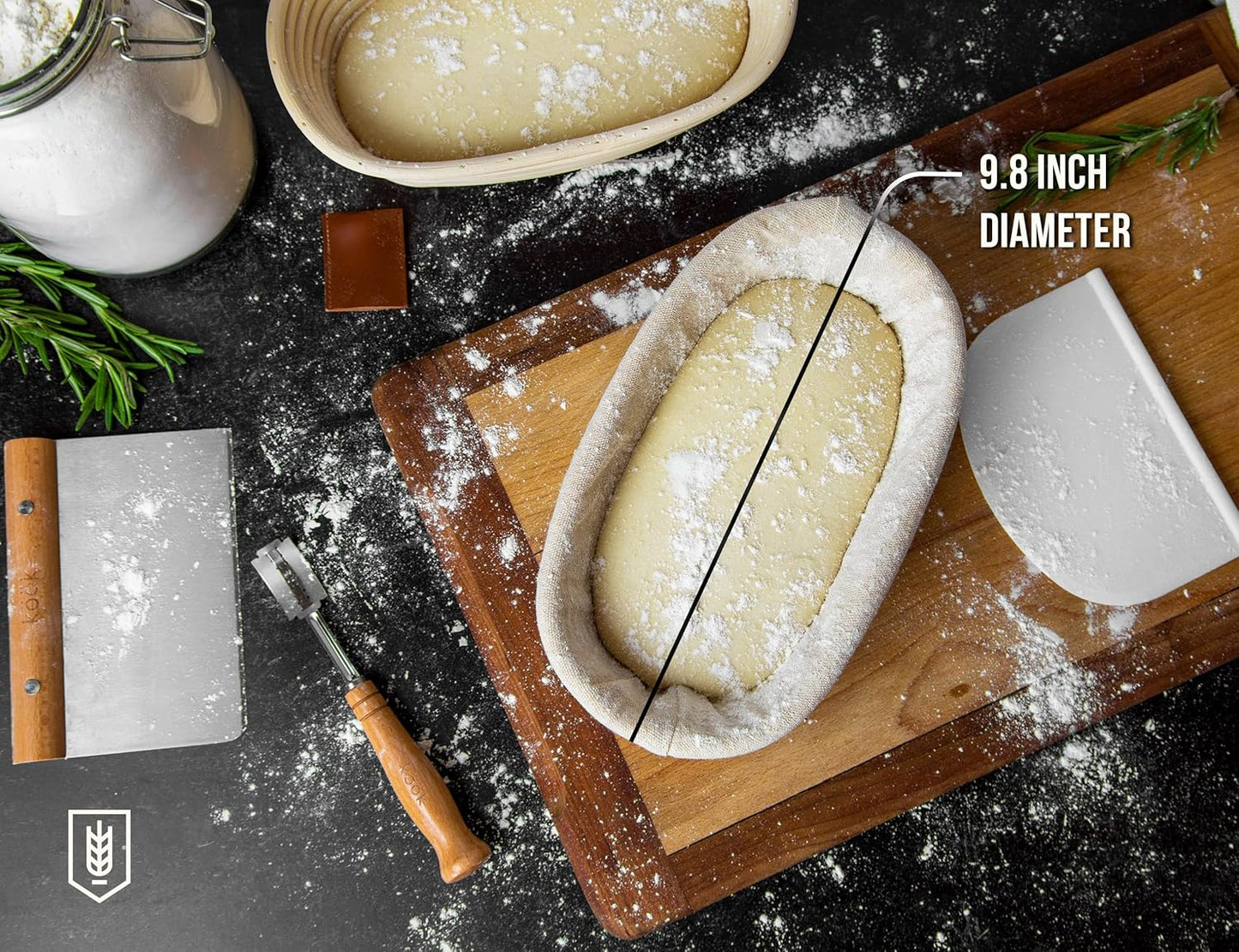 Kook Banneton Bread Proofing Baskets, Artisan Sourdough Bread Making Baskets, 9.8 Inch Handwoven Rattan Baskets and Cloth Liners, Set of 2, Oval