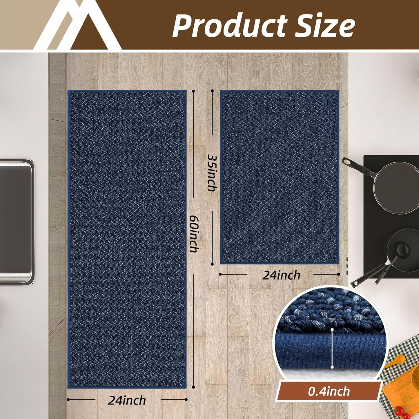 COSY HOMEER Kitchen Rugs Non Slip Washable 24"x36"+24"x60" Absorbent Kitchen Mats for Floor Stain Resistant Kitchen Runner Rug Sets of 2 Kitchen Floor Mats for Sink,Navy Blue