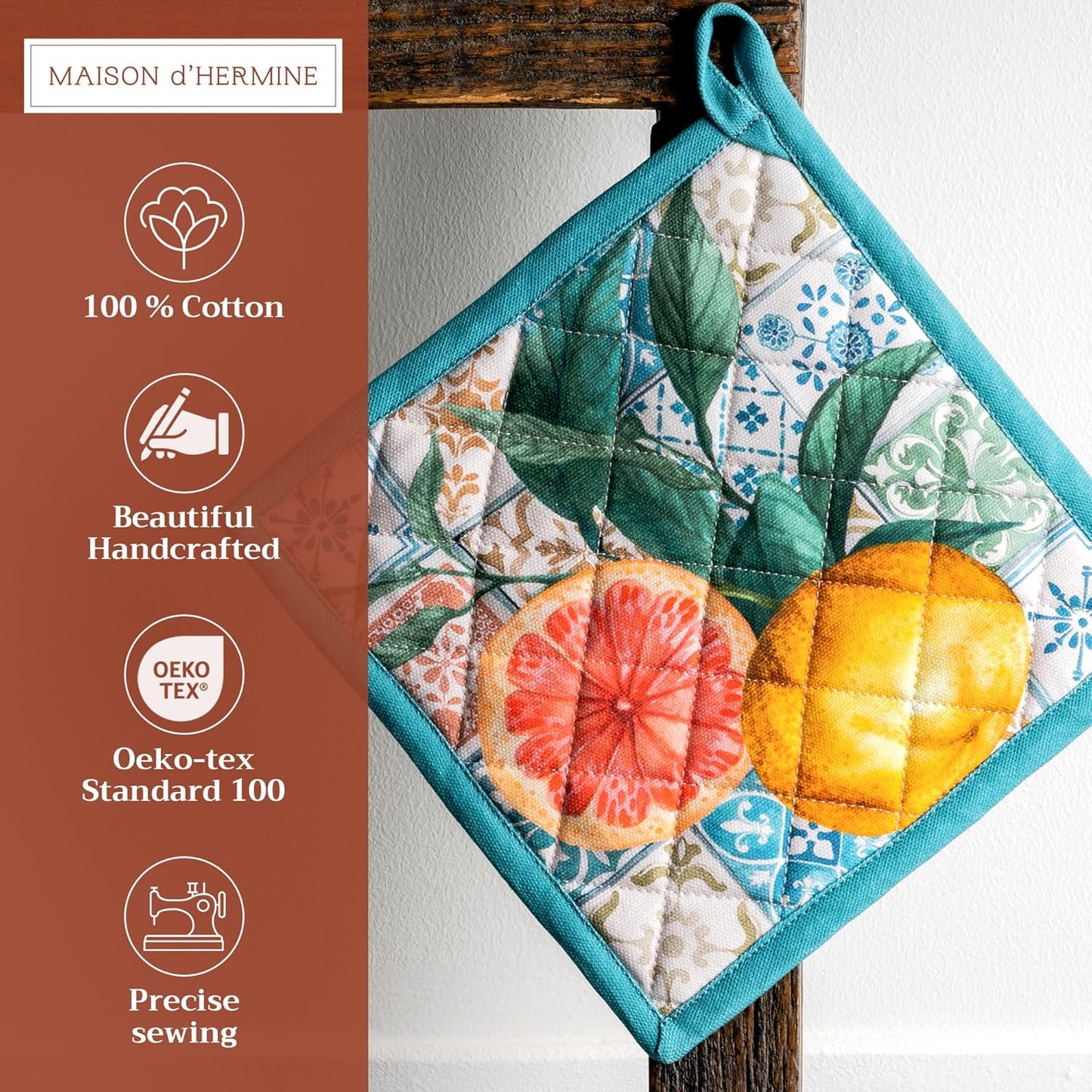 Maison d' Hermine Pot Holders 100% Cotton Heat Resistant Potholders 8" x 8" Hot Pads with Loop BBQ, Cooking, Baking, Grilling, Kitchen, Handling Hot Pans Spring/Summer (Pack of 1, Agrume)