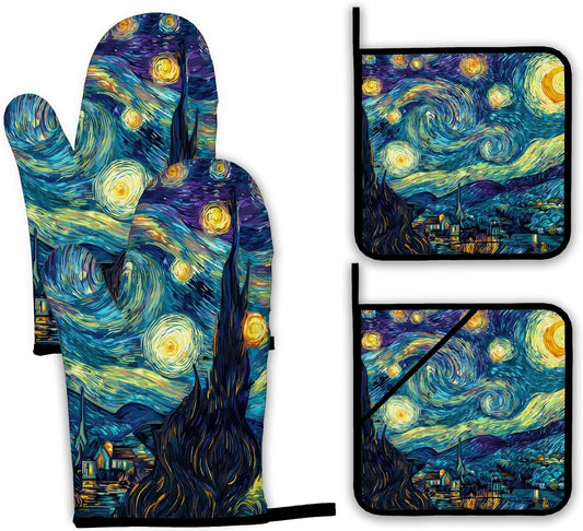 Starry Night Moon Oven Mitts and Pot Holders Set,Village Kitchen Oven Gloves and Pot Holder with Heat Resistant Non Slip for Cooking Baking Grilling(4 Piece Set)