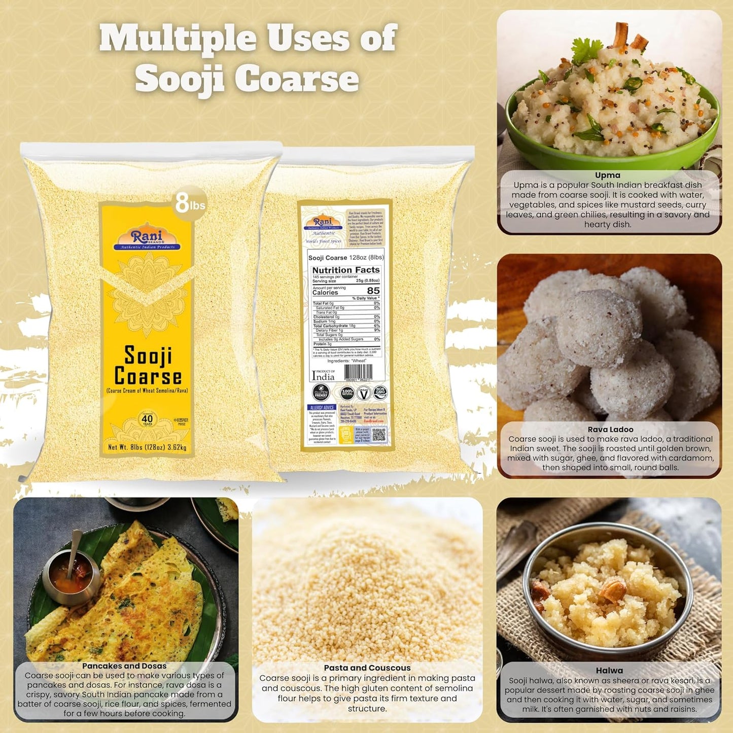 Rani Sooji Coarse (Farina, Suji, Rava, Rawa, Wheat Semolina) Flour 128oz (8lbs) 3.63kg Bulk ~ All Natural | Vegan | NON-GMO | Kosher | Indian Origin