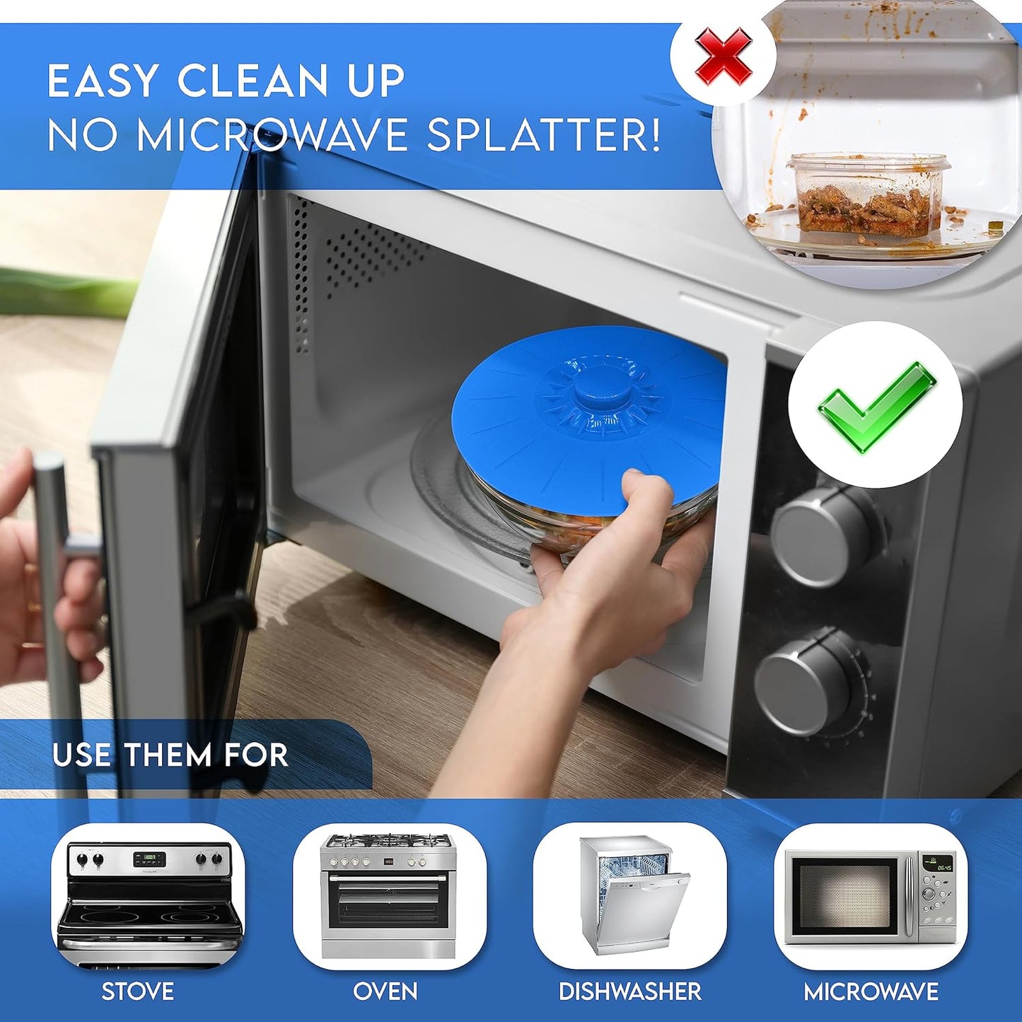 Silicone Bowl Lids Blue Set of 5 Reusable Suction Seal Covers for Bowls, Pots, Cups. Food Safe. Natural grip, interlocking handles for easy use and storage.