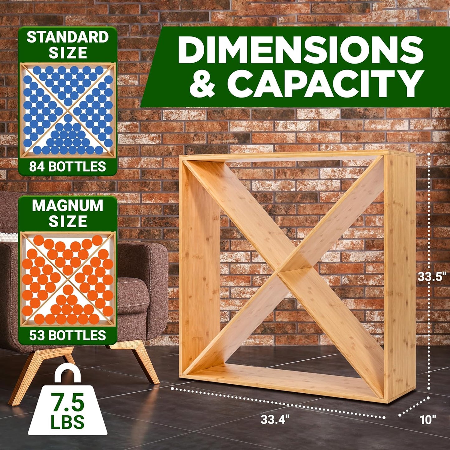 24 Bottle Bamboo Stackable Wine Rack - X Frame Cube Wobble-Free Modular Liquor Display Shelves | Can Hold up to 220.5 lbs (Natural)