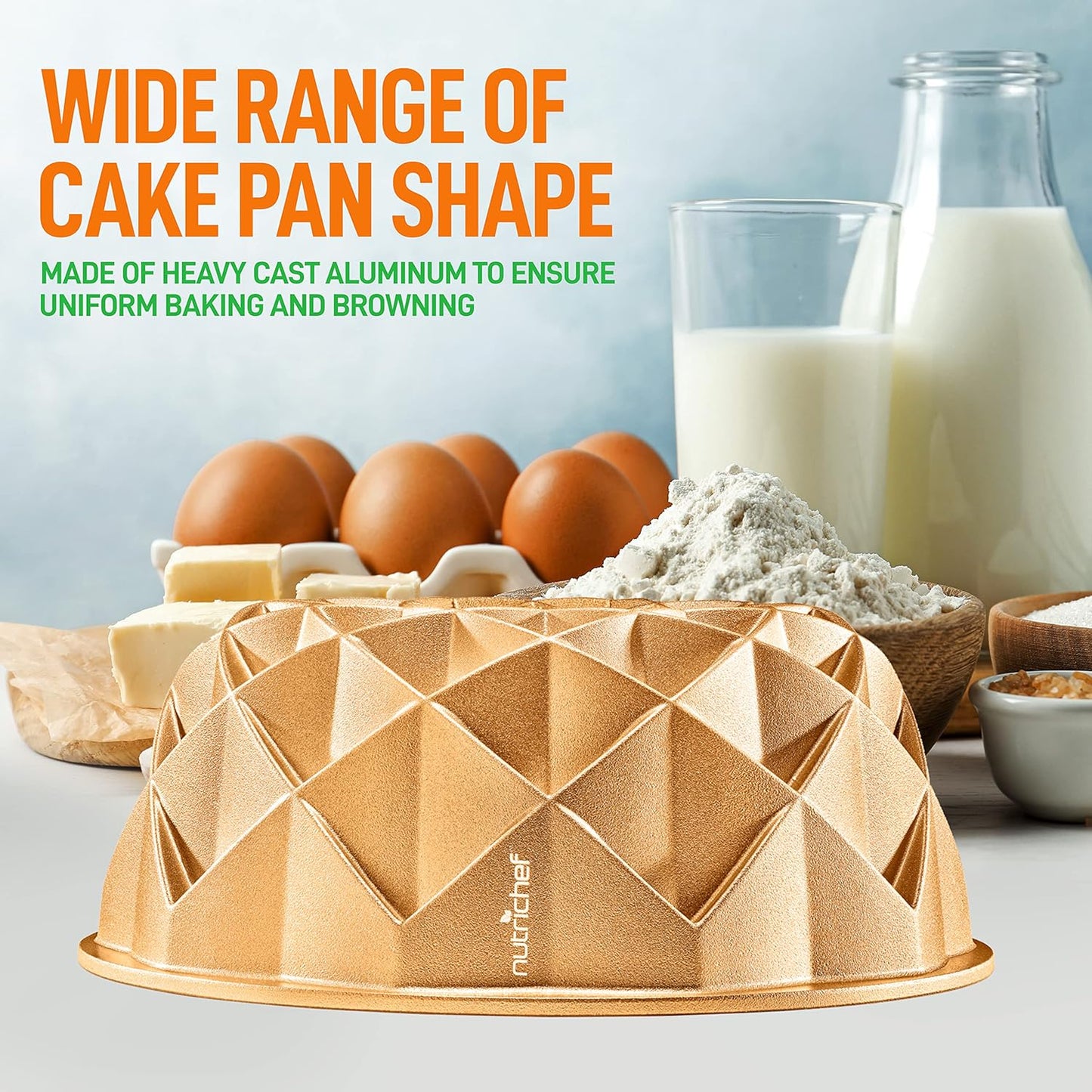 NutriChef 9-Inch Cake Pan - Thick and Heavy Cast Aluminum Bakeware Cake Mold with 2 Layers of Nonstick Coating - French Wreath Design for Uniform Baking Up To 500 Degrees - Easy to Clean, Gold