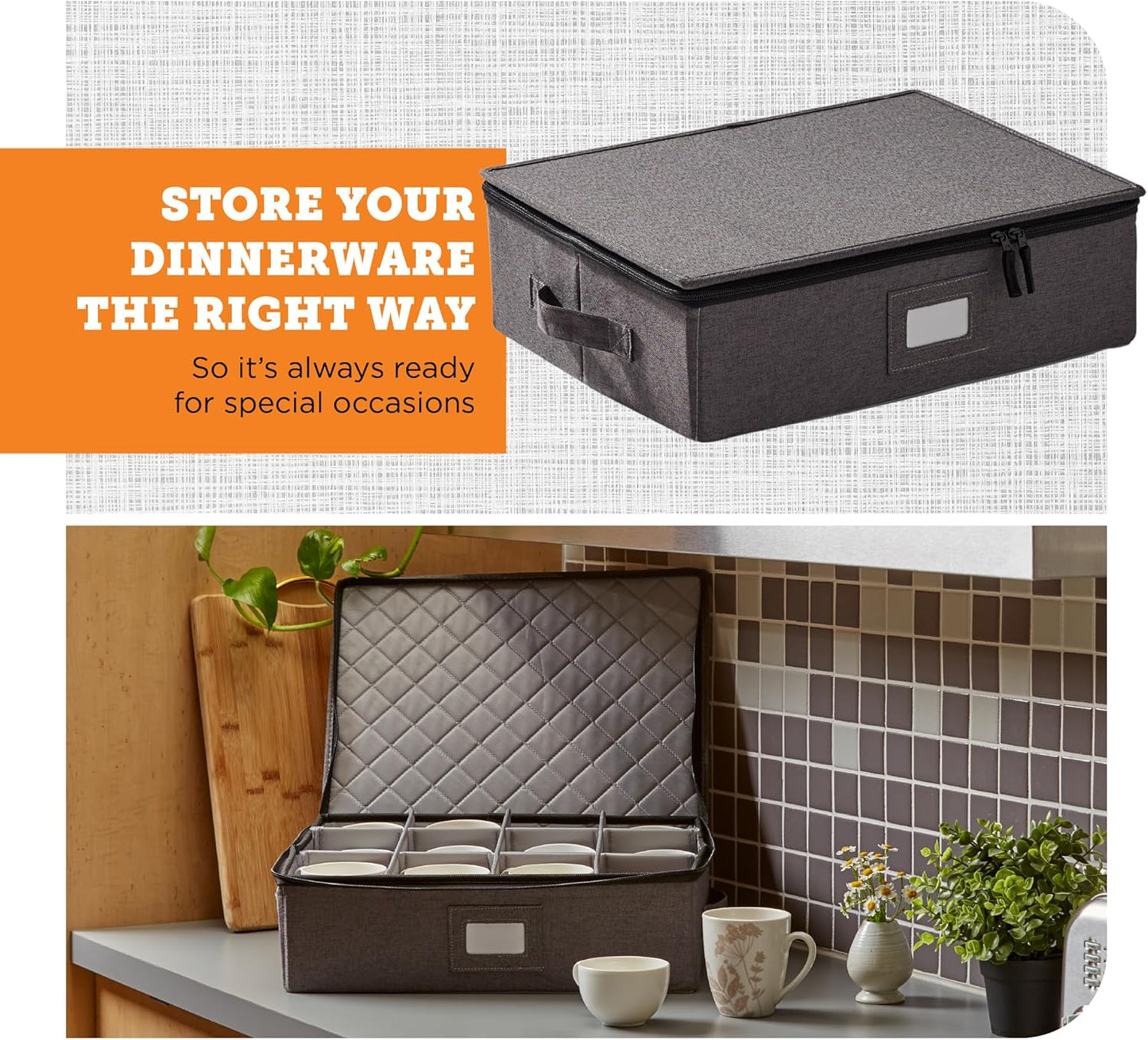 storageLAB Cup and Mug Storage Containers, Hard Shell Storage Case with Felt Dividers for Cups, Mugs, Dishes, and Glasses, Ideal for Kitchen Organizing and Moving Supplies - 1 Pack, Gray