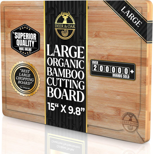 Deer & Oak Premium Large Bamboo Cutting Board – 15" x 9.8" x 0.8" Wooden Chopping Board for Meat and Vegetables, Pre-Oiled, Water Resistant, Knife Friendly