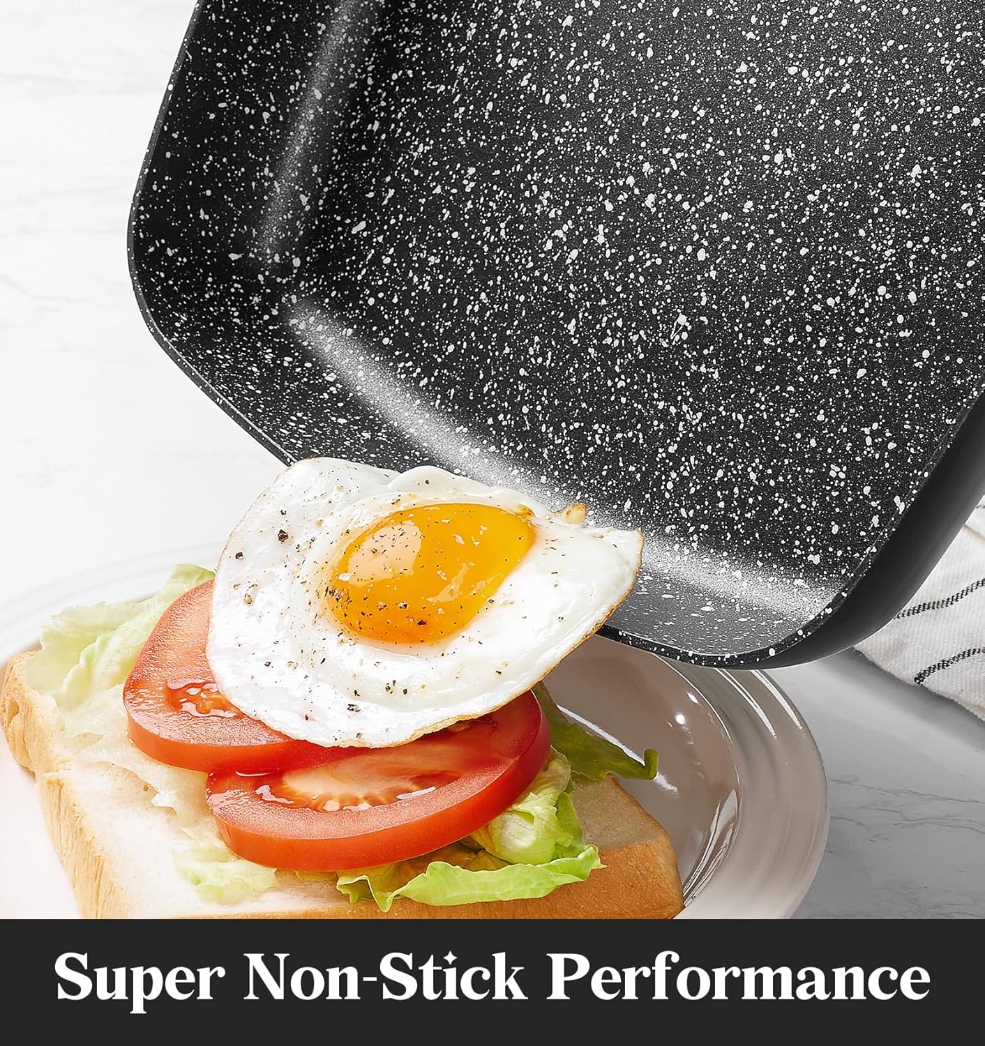 KOCH SYSTEME CS Nonstick Grill Pan 11 Inch, Marble Coating Square Grill Pan with Lid, Ultimate Nonstick Square Skillet with Bakelite Handle, Compatible with All Stovetops, Toxic-Free, 11 Inch