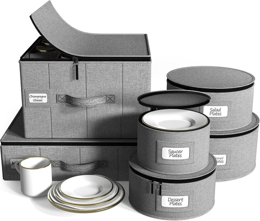Sorbus China Storage Containers 6-Piece Set - Hard Shell Dinnerware Organizer for Plates, Glasses, Mugs & Saucers (Holds Service for 12) with Felt Protectors for Moving & Storage