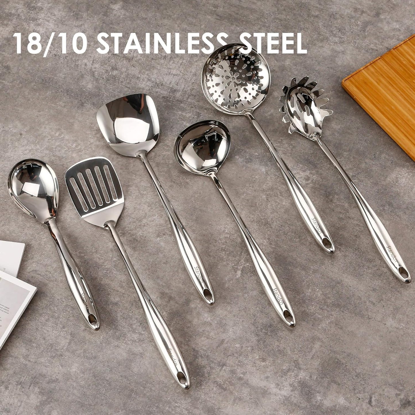 18/10 Stainless Steel Cooking Utensils Set with Holder, 7-Pieces All Metal Kitchen Utensils, 15’’ Long Kitchen Tools with Countertop Rotating Stand, Spatula, Ladle, Skimmer, Tunner, Pasta, Large Spoon