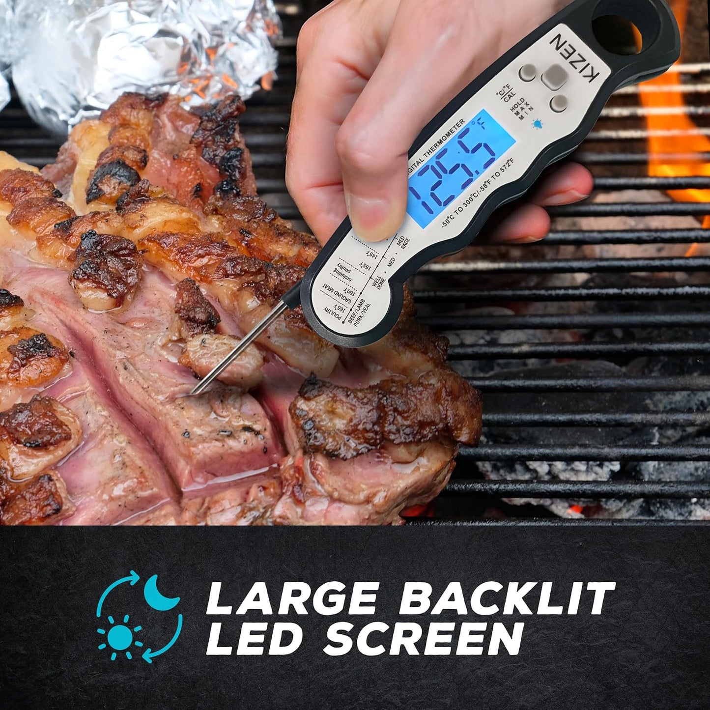 Kizen Instant Read Meat Thermometer Digital - Food Thermometer for Cooking, Grill, Oven, BBQ - Waterproof and Backlit Display - Kitchen Gadgets