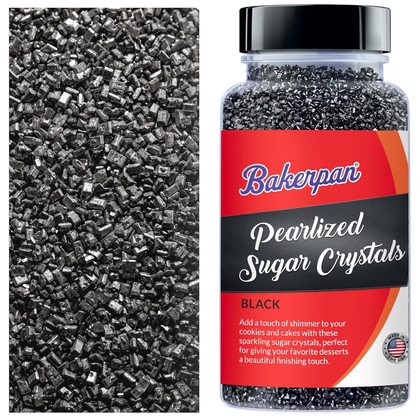 Bakerpan Pearlized Sugar Sprinkles for Baking - 5 Ounce - Sparkling Black Decorating Sugar Crystals for Cookies, Cake Pops, Ice Cream (Made in USA)