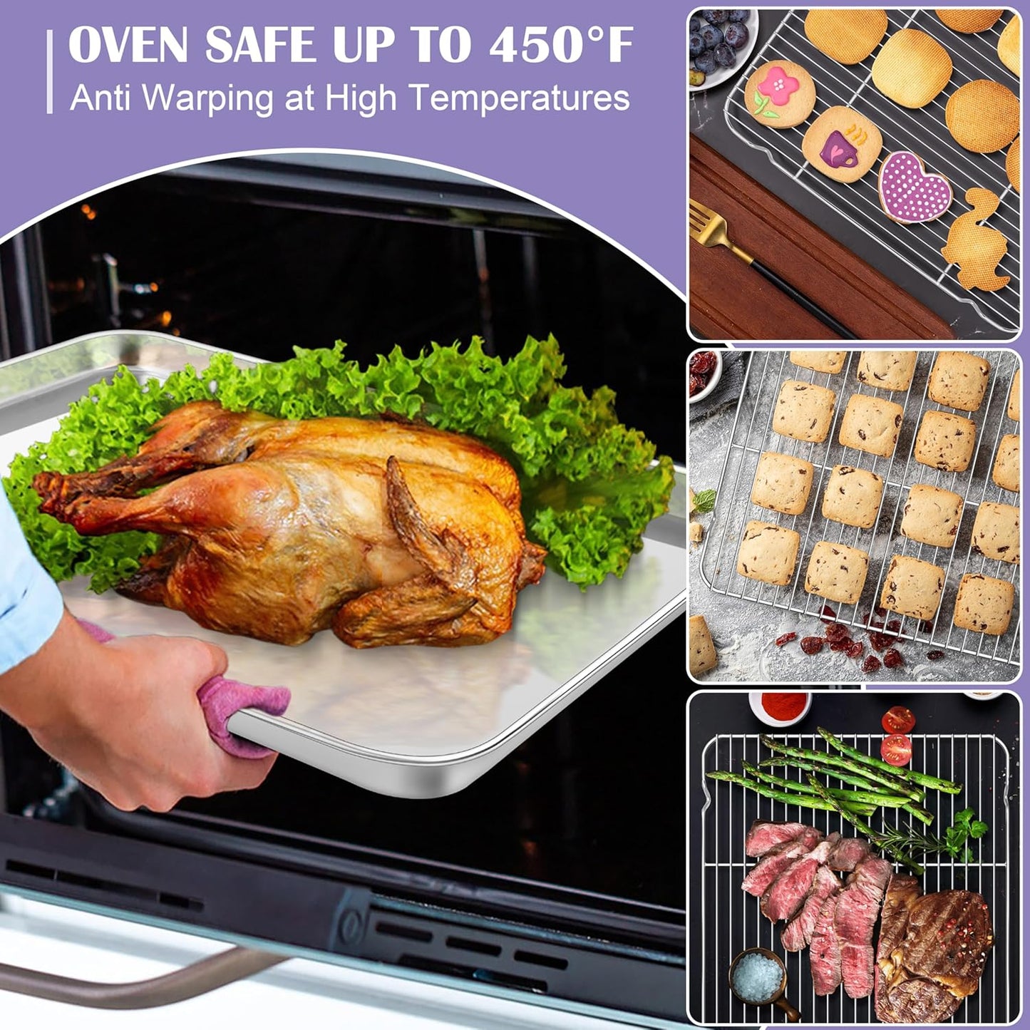 E-far Large Baking Sheet with Wire Rack (2 Pans + 2 Racks), 20 x 14 Inch Stainless Steel Cookie Pans Tray & Cooling Rack for Baking, Non Toxic & Heavy Duty & Rust Free, Oven & Dishwasher Safe