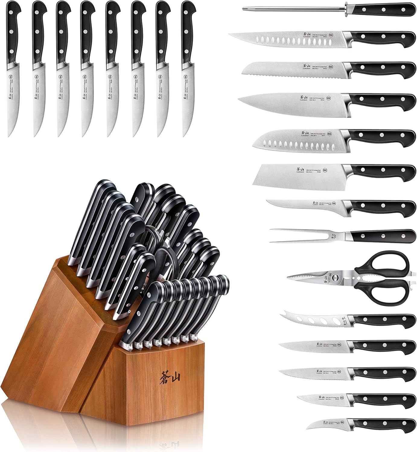 Cangshan V2 Series 1024128 German Steel Forged 23-Piece Knife Block Set, Acacia