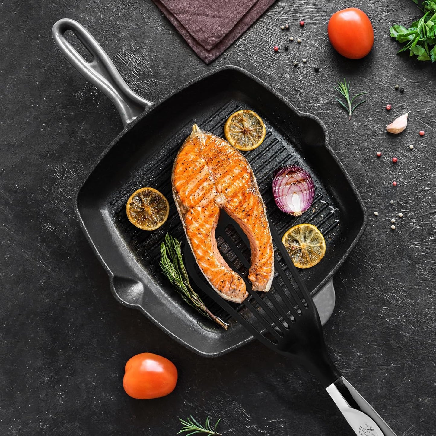 Zulay Kitchen Premium Fish Spatula Stainless Steel - Slotted, Non-Stick & Easy to Clean Fish Turner with Ergonomic Handle - Perfect for Cooking & Dishwasher Safe 12.8"