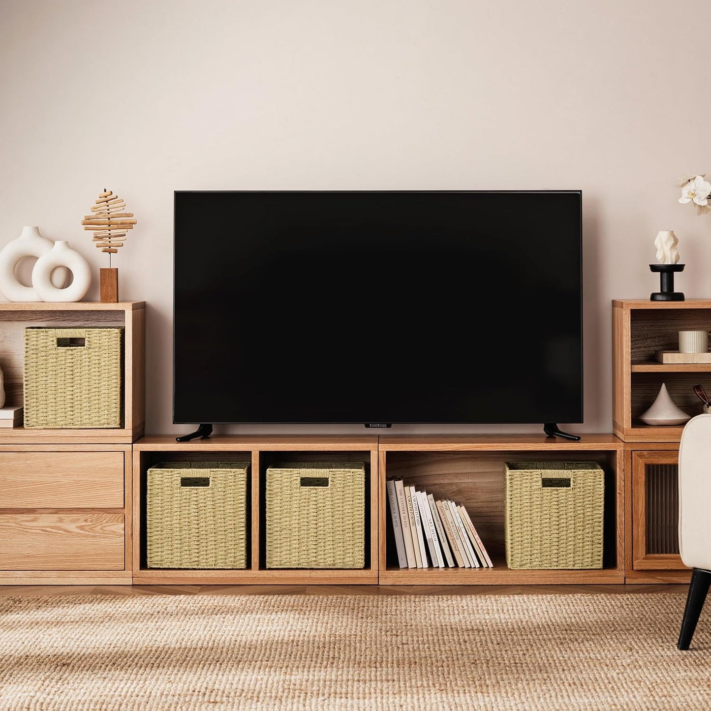 UBBCARE 3 Pack Wicker Basket, 11L×11H×10.5W inch Woven Paper Rope Storage Baskets for shelves, Foldable Cube Storage bin with Handle, Storage Basket for Organizing & Decor, Natural