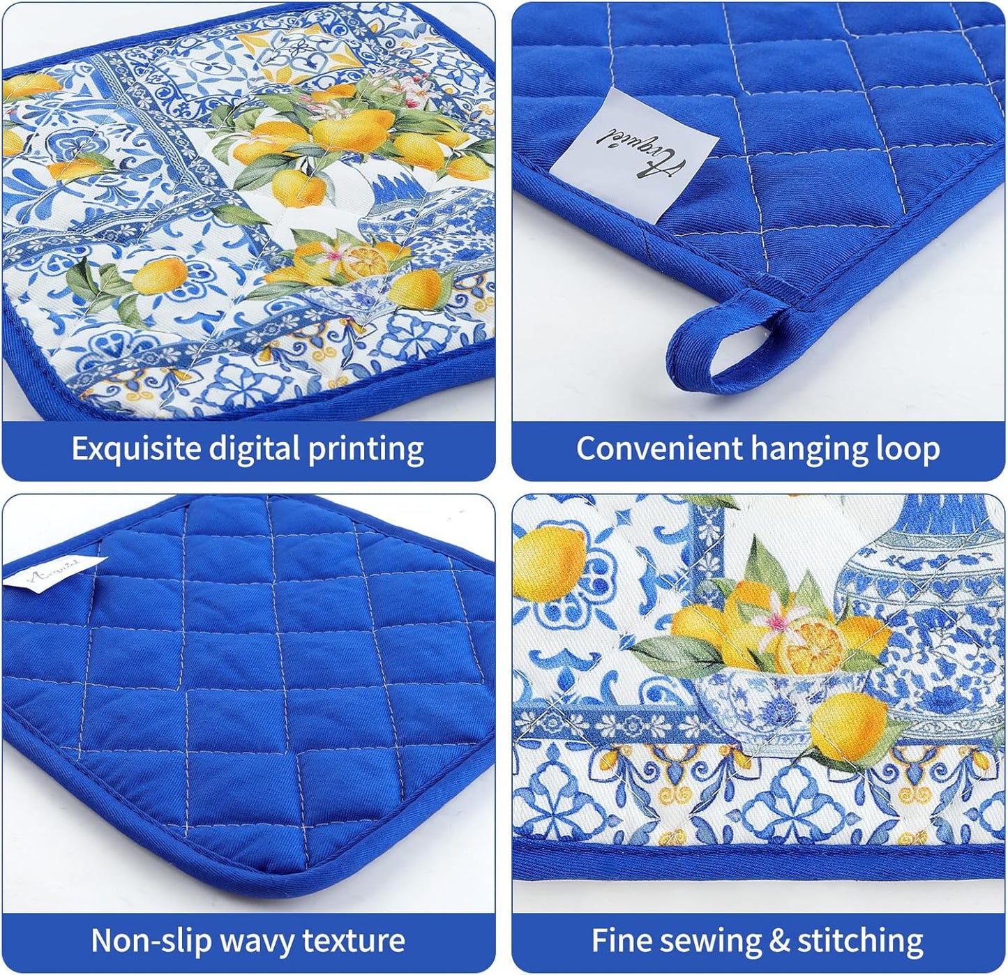 Yellow Lemon Oven Mitts and Pot Holders Sets 4Pcs, 100% Cotton Heat Resistant, Extra Long Oven Gloves Potholder for Kitchen Cooking Baking Decoration