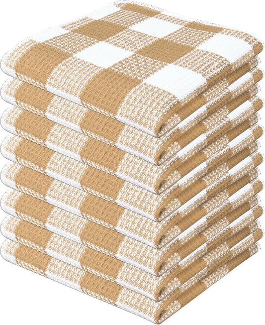 PurpleEssences Waffle Weave Plaid Dish Cloths, 100% Cotton - 12 x 12 Inches, Ultra Soft Absorbent Quick Drying Dish Towels Buffalo Check Dish Rags for Kitchen, 8 Pack - Spring Summer - Beige & White