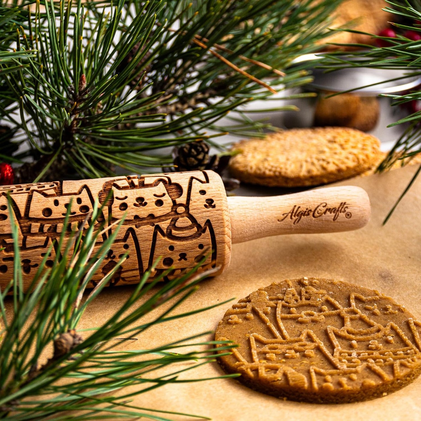 CHRISTMAS FEST 3 Mini Embossed Rolling Pin Set. Wooden Laser Engraved Textured rolling pins for Cookies, Modeline, Ceramic with Skulls, Bats, Halloween by Algis Crafts