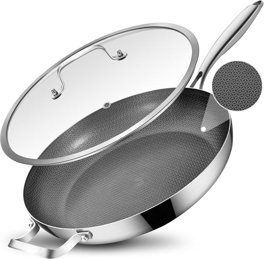 Inqibee 13-Inch Tri-Ply Hybrid Ceramic Non Stick Stainless Steel Frying Pan with Lid,Large Skillet,Induction Chef's Cooking Pan,Dishwasher and Oven Safe,Detachable Handle