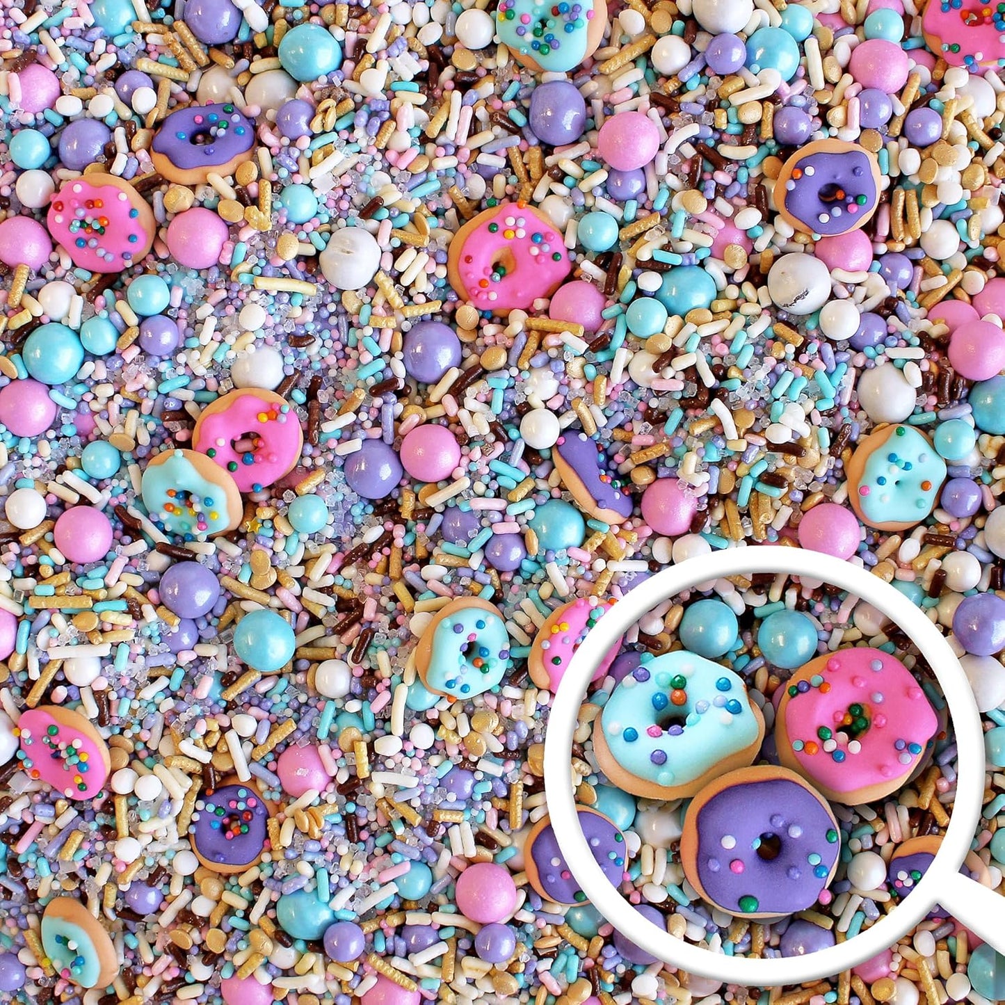 Sprinkle Pop Donut Sprinkle Mix| Lavender White Gold Pink Blue Sprinkle Mix with ~12 Sprinkled Donuts Royal Icings| Birthday Decorating Sprinkles Made in USA for Cupcakes Cakes Cookies Donuts, 4oz