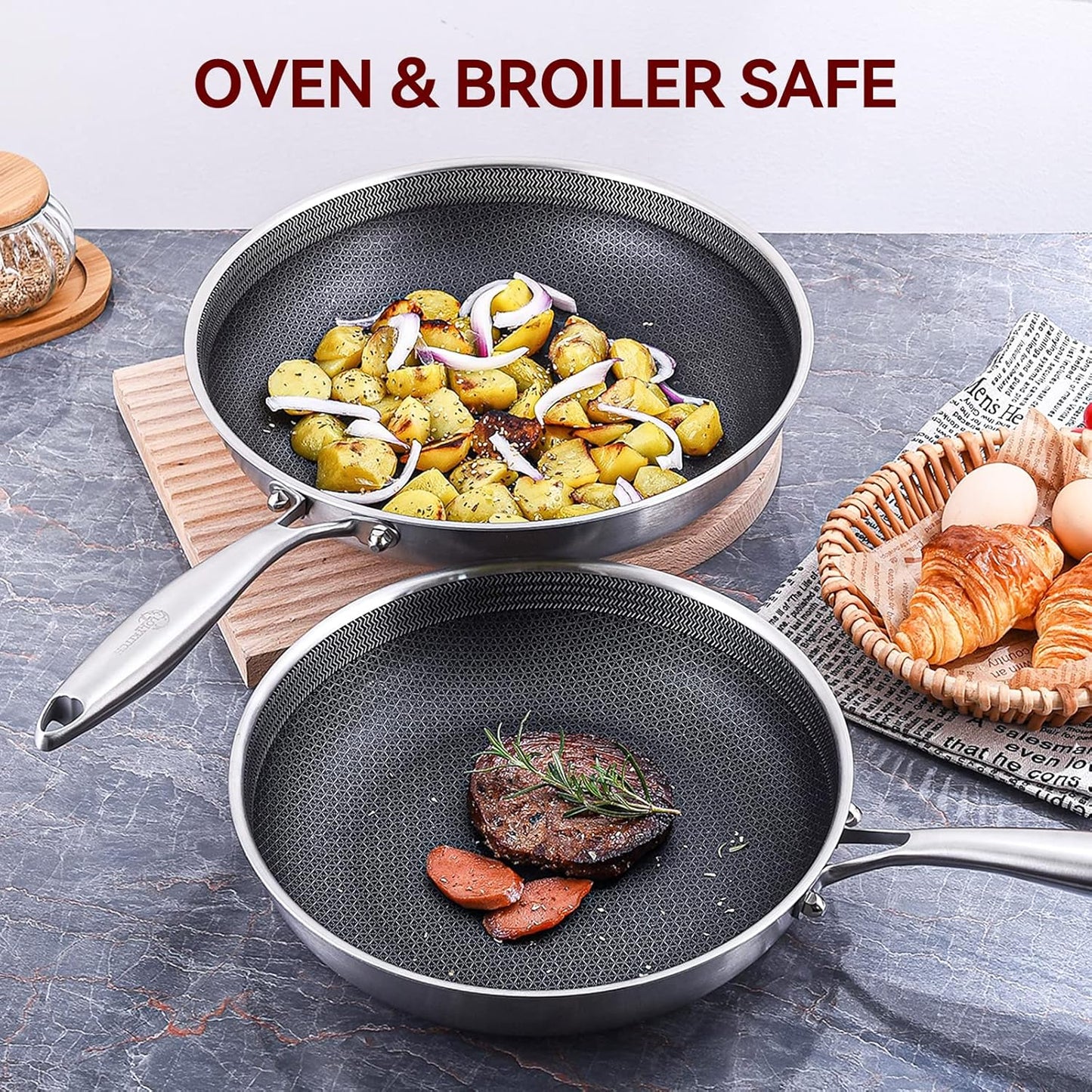 LOLYKITCH 10-12 Inch Hybrid Tri-Ply Stainless Steel Nonstick Chef's Frying Pan Set,Skillets,Induction Cooking Pan,Oven & Dishwasher Safe.