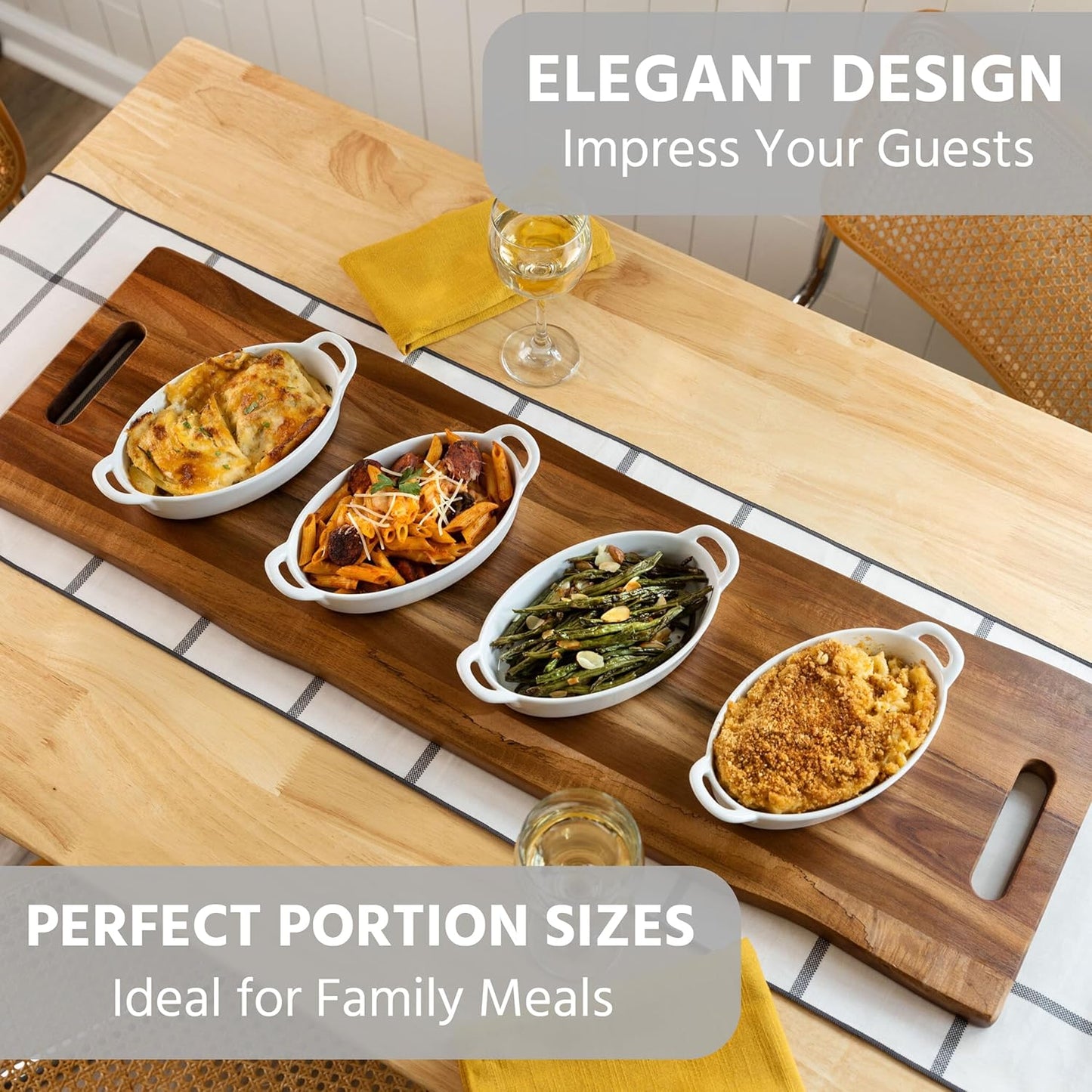 Oval Au Gratin Baking Dishes for Oven Safe and Microwave Cooking and Baking, 4 Pc. Set, Heat Resistant Ceramic with Handles for Serving, Small Mini Casserole Dish, 8" x 5", 16 oz, White