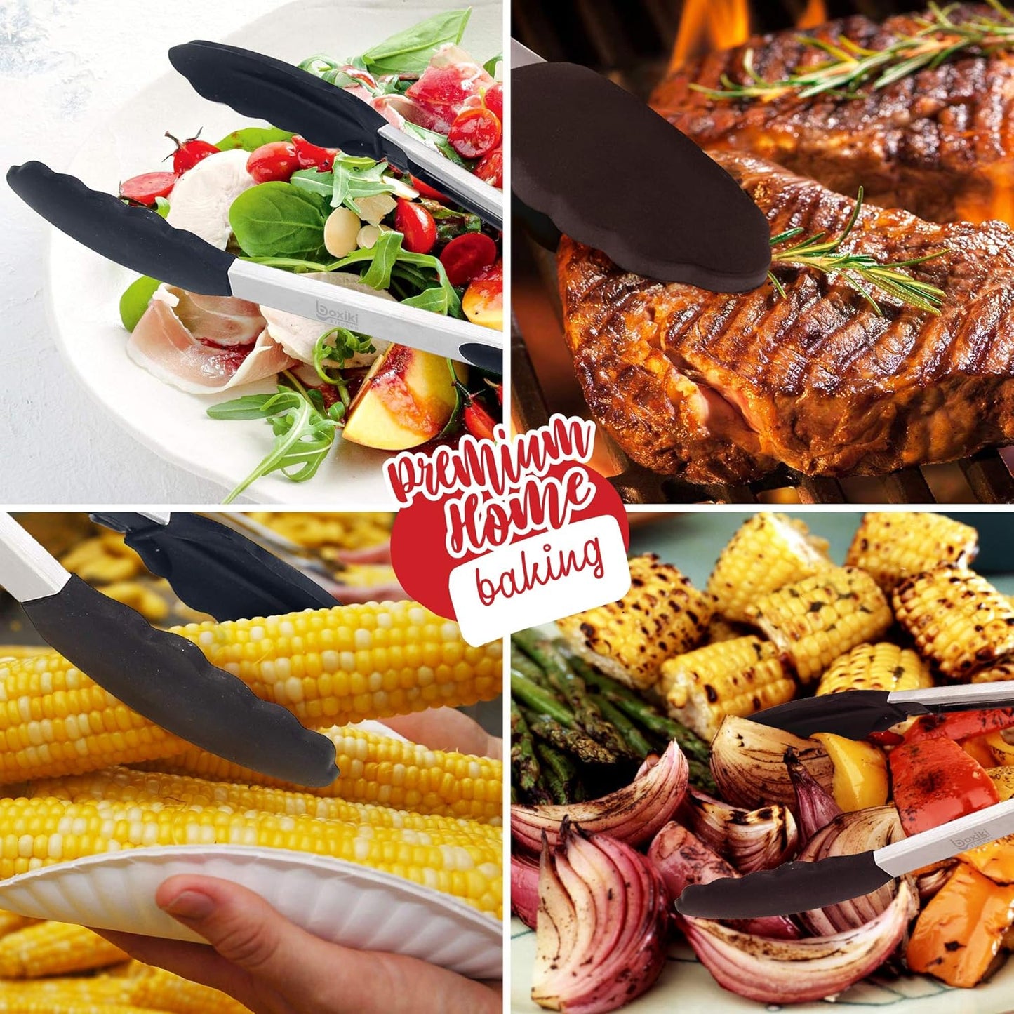 Kitchen Tongs for Cooking with Silicone Tips by Boxiki Kitchen, BPA Free Stainless Steel set of 2 Silicone Tongs for Cooking, Grilling & Toss a Salad, Heat Resistant Grill Tongs for Serving Food.