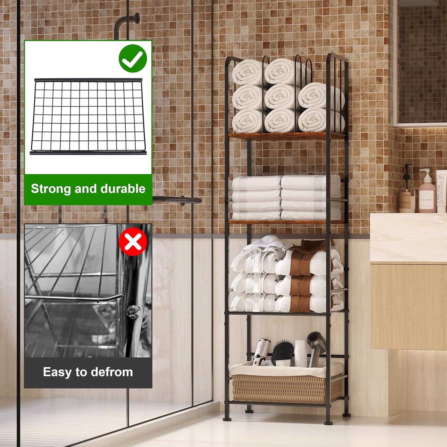 Towel Rack Free Standing 4-Tier M-Shaped Detachable Dividers, Durable Metal Towel Holder, Pool Items Holder, Space-Saving Storage Organizer, Modern Bath Towel Shelf for Bathroom Patent Pending