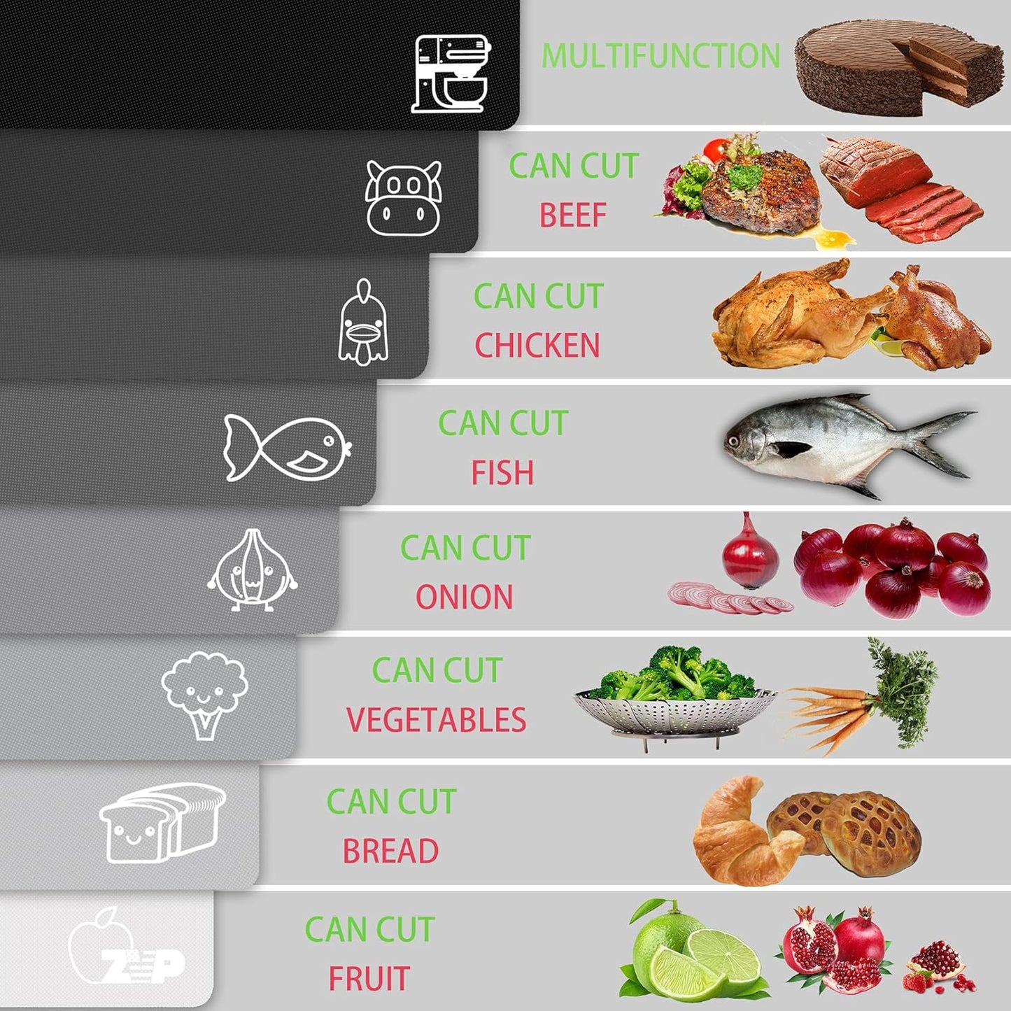 ZVP Flexible Plastic Cutting Board Set of 5 Gradient Color, Colorful Chopping Boards, BPA Free Mats, Non-Slip, Dishwasher Safe, 15x12 Inch, Gray Neutral Colors