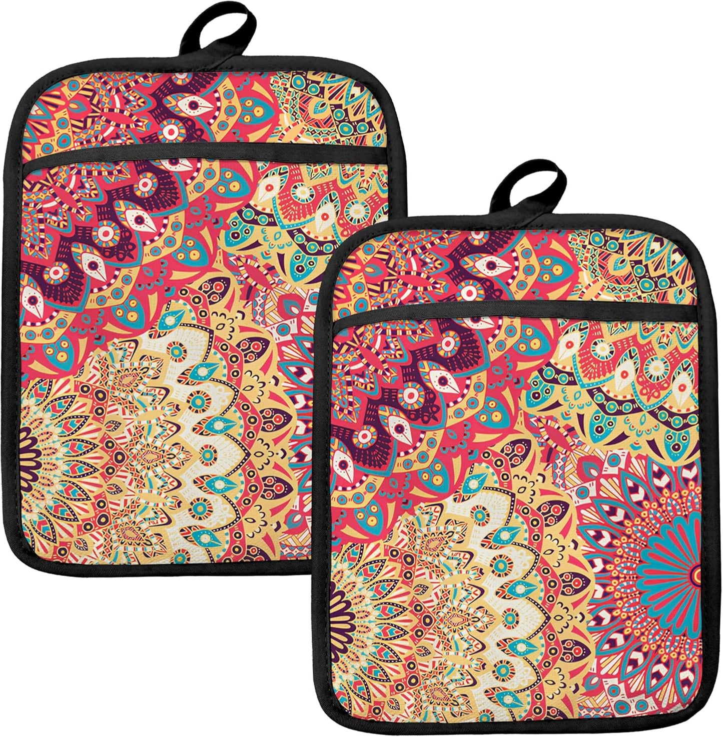 Colorful Abstract Mandala Floral Pot Holders for Kitchen, Boho Vibrant Ethnic Flower Botanical Heat Resistant Hot Pads and Oven Mitts for Baking Cooking