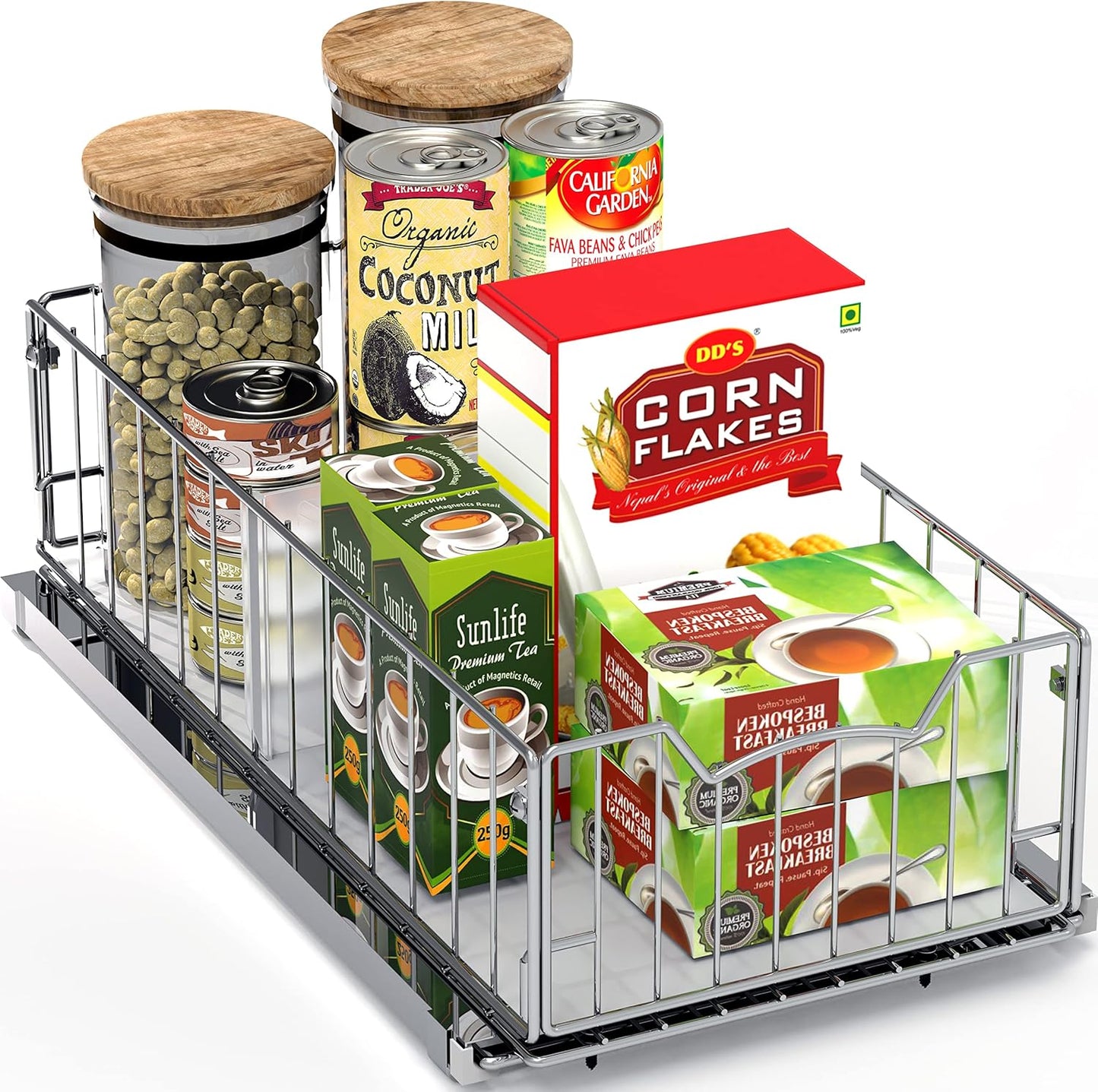 Simple Houseware Pull-Out Cabinet Sliding Basket Organizer, 17.2" D x 9.7" W x 5" H – Chrome Finished, Ideal for Kitchen and Bathroom Cabinet Storage, Under Sink or Pantry Organization