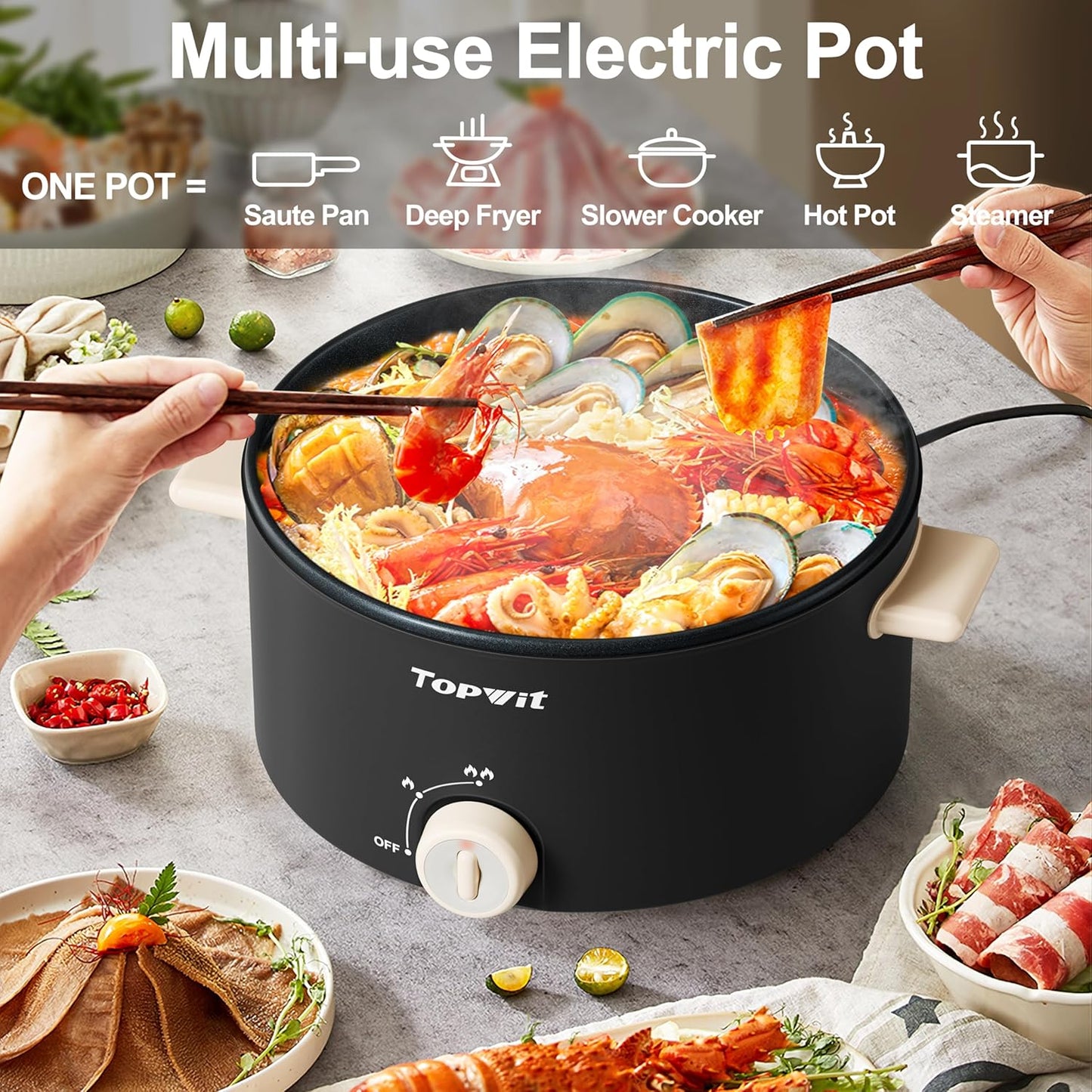 TOPWIT Hot Pot Electric, 4L Electric Pot with Non-Stick Coating, Dual Power Electric Cooker for Deep Frying, Steak, Pasta, Multi-Functional Large Capaity Shabu Shabu Pot for Party, Dark Black