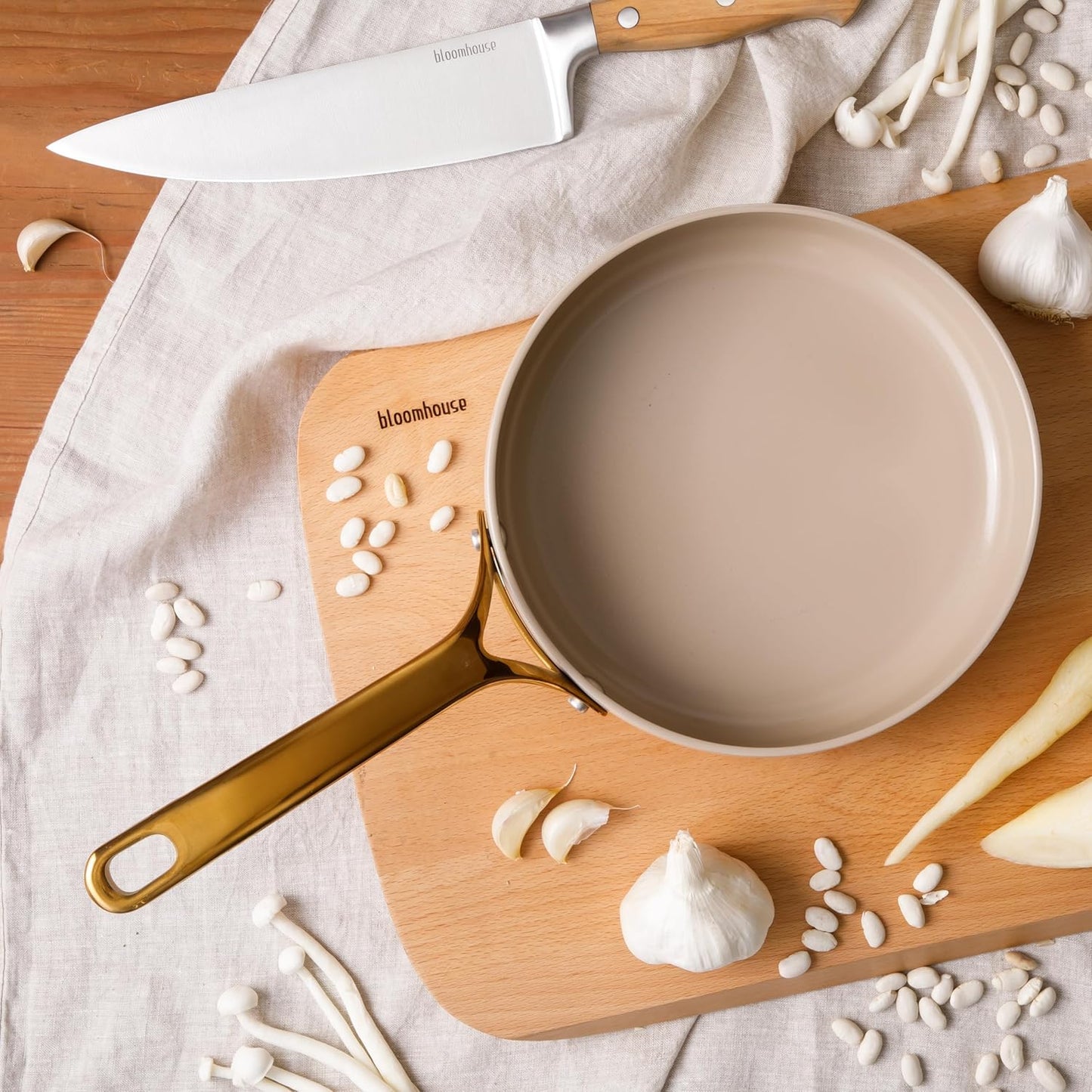 bloomhouse 8 Inch Heavy Duty Aluminum Premium PFA Free Ceramic Nonstick Saute/Deep Frying Pan Skillet - Almond Cream w/Gold Handle