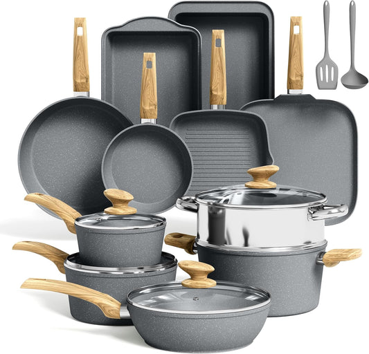 Kitchen Academy Granite Nonstick Cookware Set - 17 Piece Gray Cooking Pans Set, Induction Pots and Pans Set Non Stick, PFOA & PFOS Free.