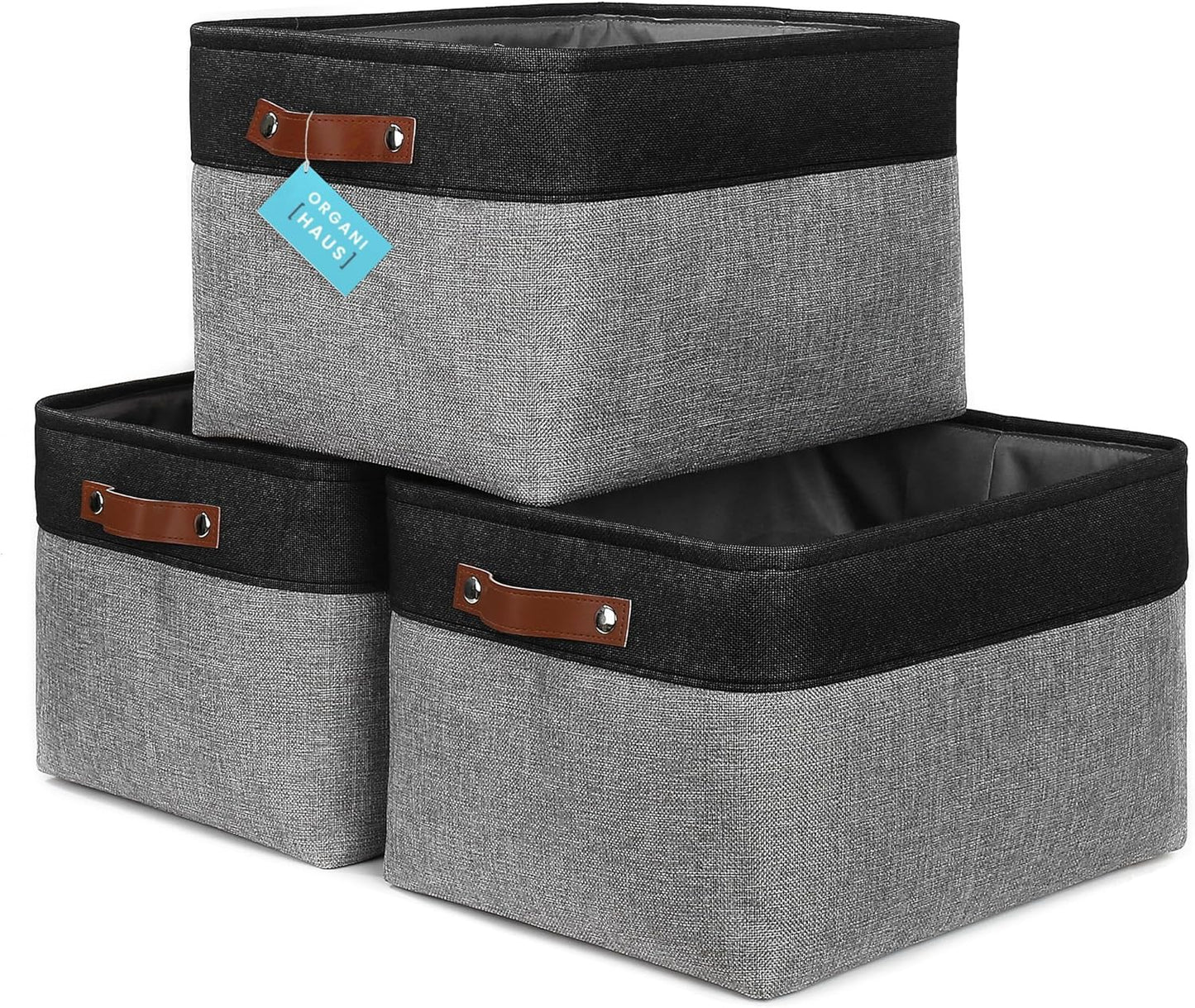 OrganiHaus Extra Large Fabric Storage Bins for Shelves 16x13in, Closet Storage Baskets for Shelf Organizing, Canvas Rectangle Bins for Organization, Linnen Baskets for Organizing - Gray/Black