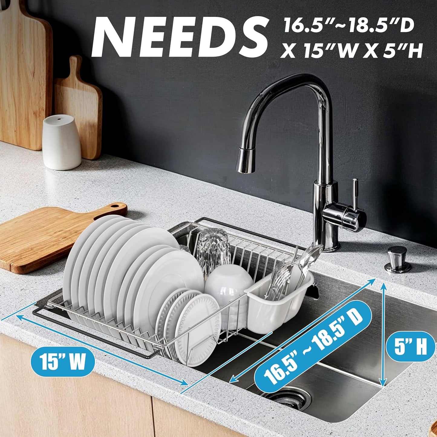 SIMPLE HOUSEWARE Large Over Sink Counter Top Stainless Steel Dish Drainer Drying Rack with Utensil Holder, Chrome