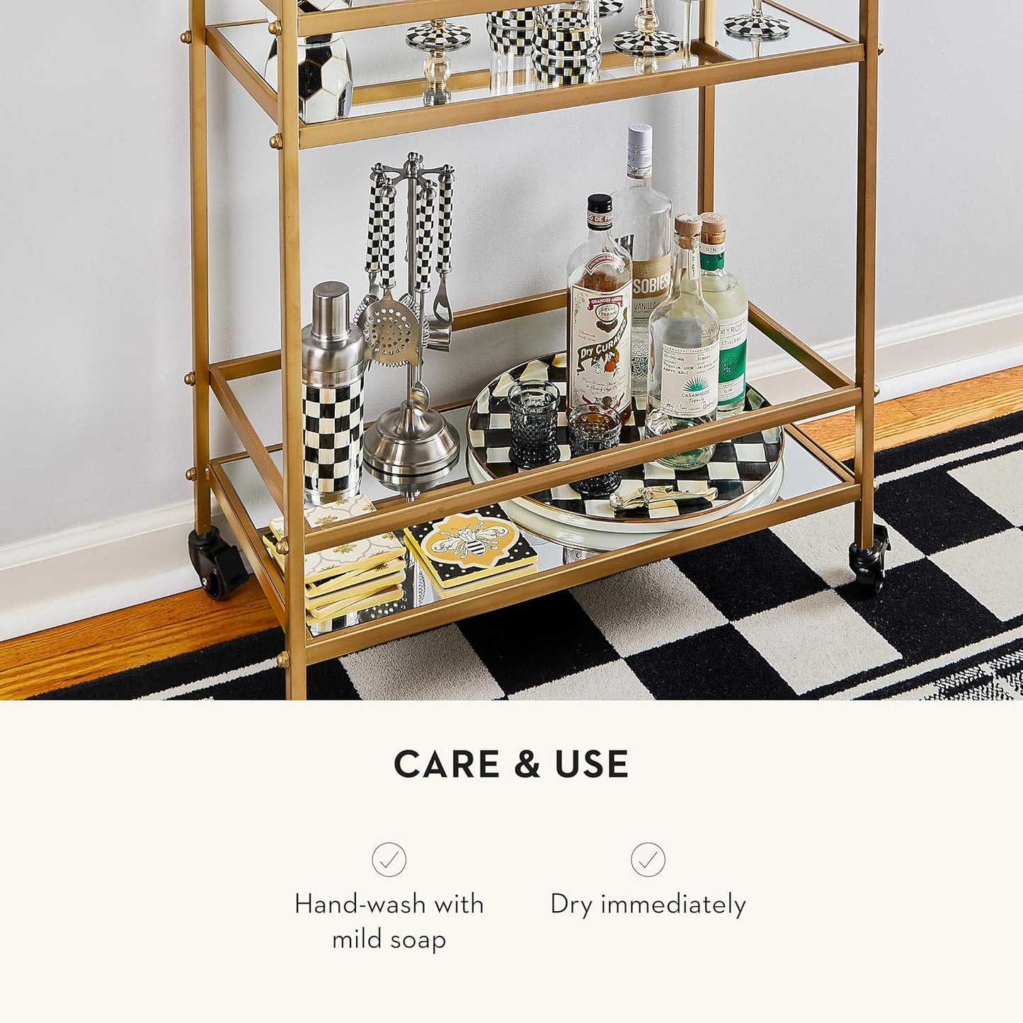 MACKENZIE-CHILDS Enamel Round Tray, Unique Serving Platter for Food and Drinks, Black-and-White Courtly Check